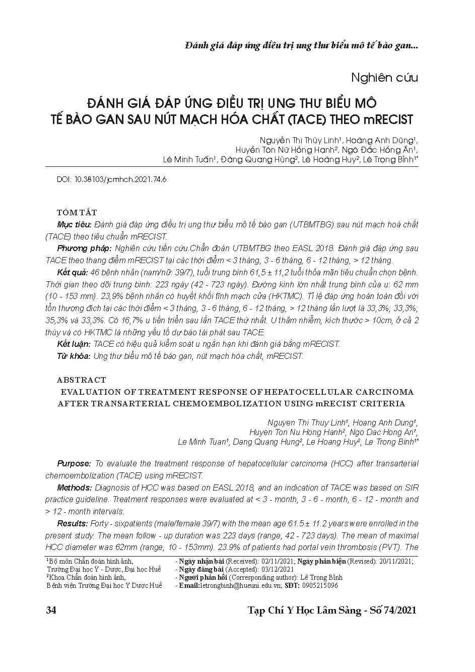 Đánh giá đáp ứng điều trị ung thư biểu mô tế bào gan sau nút mạch hóa chất (tace) theo mrecist = Evaluation of treatment response of hepatocellular carcinoma after transarterial chemoembolization using mrecist criteria