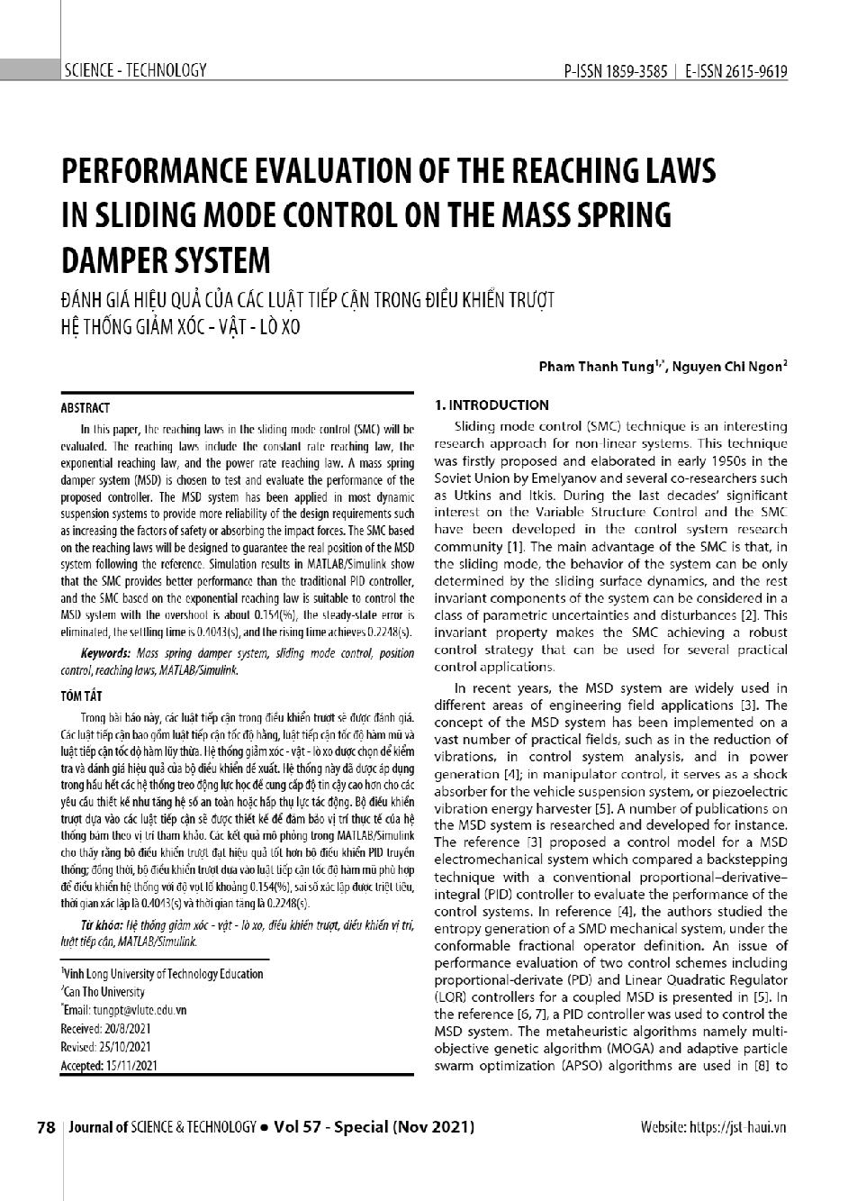 Đánh giá hiệu quả của các luật tiếp cận trong điều khiển trượt hệ thống giảm xóc - vật - lò xo = Performance evaluation of the reaching laws in sliding mode control on the mass spring damper system