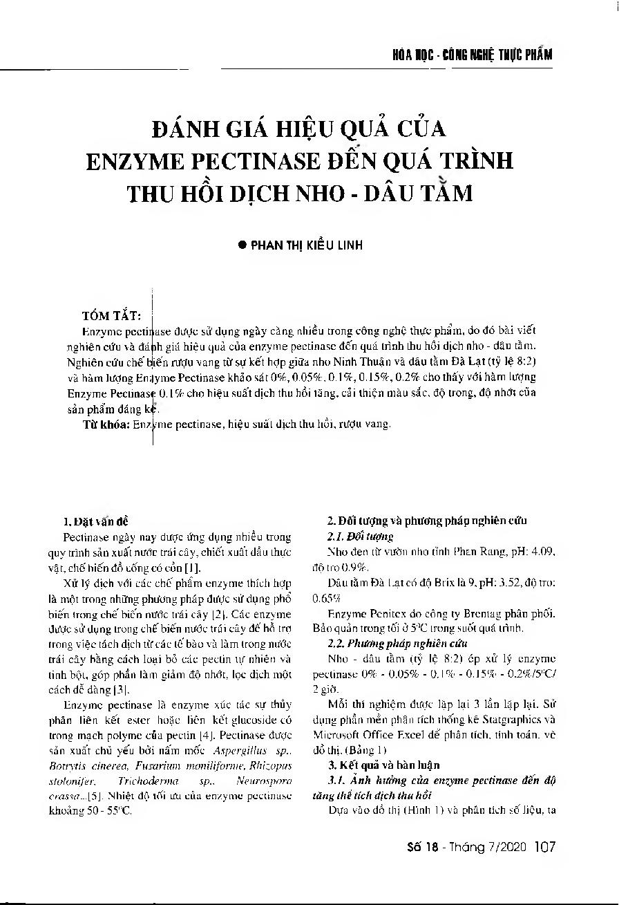 Đánh giá hiệu quả của enzyme pectinase đến quá trình thu hồi dịch nho - dâu tằm = Assessing the effects of pectinase on the yield of grape - mulberry juice