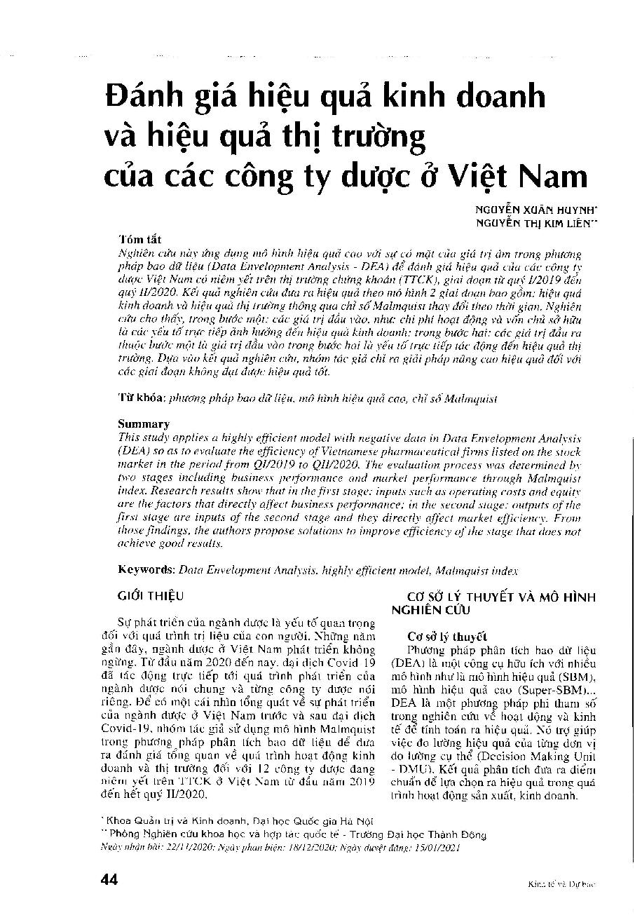 Đánh giá hiệu quả kinh doanh và hiệu quả thị trường của các công ty dược ở Việt Nam = Assess business performance and market performance of Vietnamese pharmaceutical firms