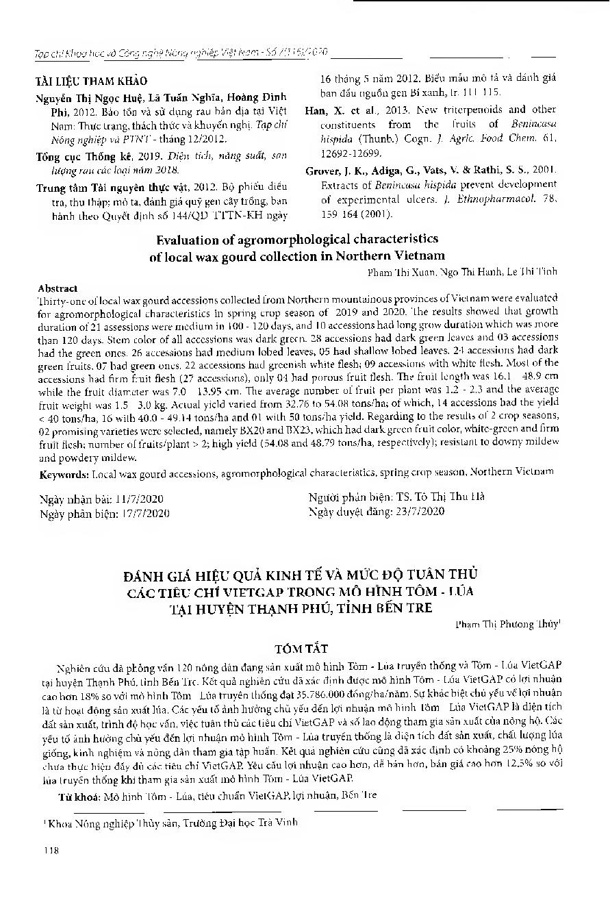 Đánh giá hiệu quả kinh tế và mức độ tuân thủ các tiêu chí VietGAP trong mô hình Tôm lúa tại huyện Thạnh Phú tỉnh Bến xe = Evaluation of economic efficiency and performance by VietGAP standards on the Shrimp - Rice model in Thanh Phu district, Ben Tre province