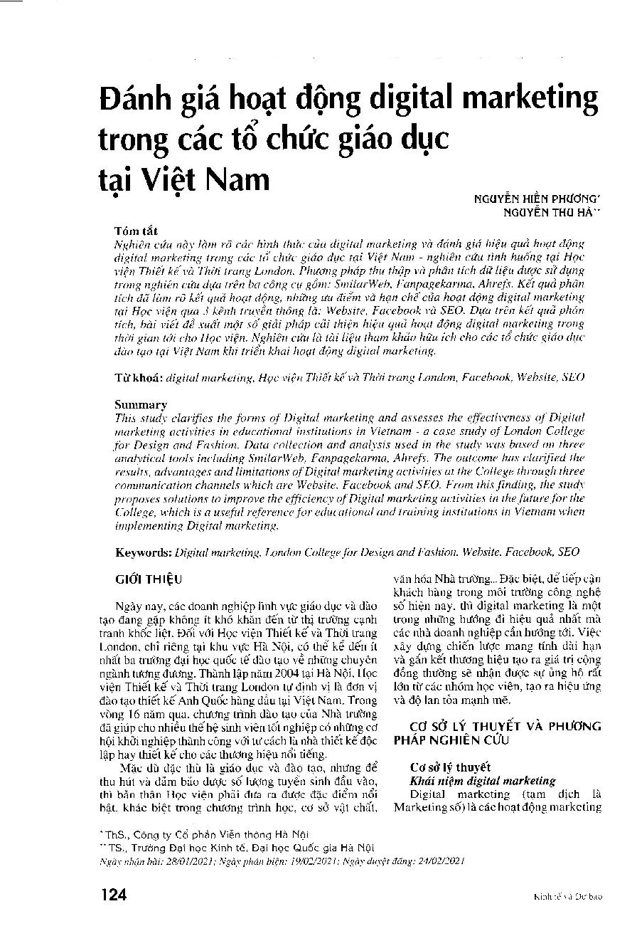 Đánh giá hoạt động digital marketing trong các tổ chức giáo dục tại Việt Nam = Evaluation of digital marketing activities in educational institutions in Vietnam