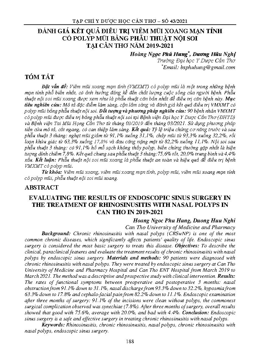 Đánh giá kết quả điều trị viêm mũi xoang mạn tính có polyp mũi bằng phẫu thuật nội soi tại cần thơ năm 2019-2021 = Evaluating the results of endoscopic sinus surgery in the treatment of rhinosinusitis with nasal polyps in can tho in 2019-2021