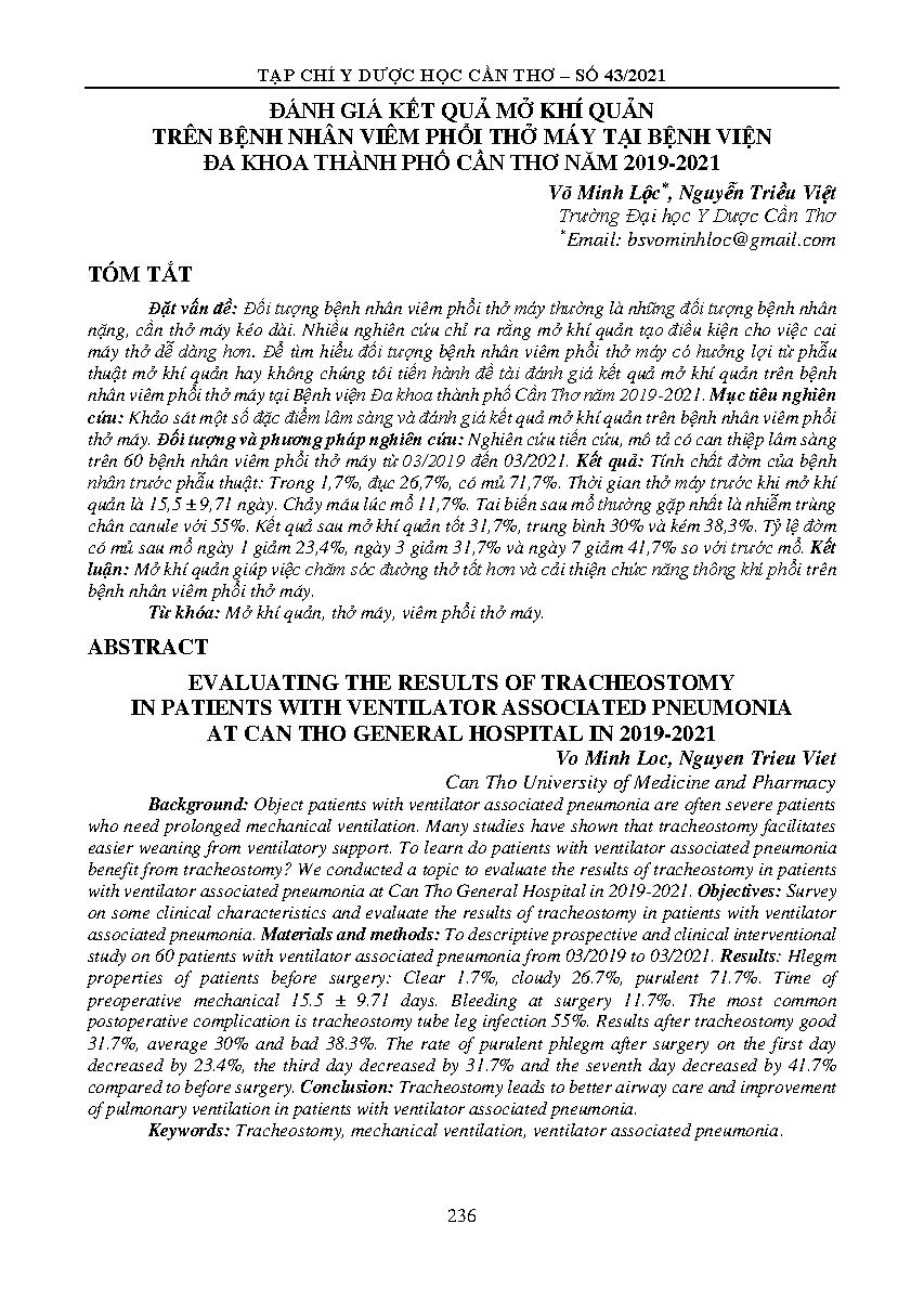 Đánh giá kết quả mở khí quản trên bệnh nhân viêm phổi thở máy tại bệnh viện đa khoa thành phố Cần Thơ năm 2019-2021 = Evaluating the results of tracheostomy in patients with ventilator associated pneumonia at can tho general hospital in 2019-2021