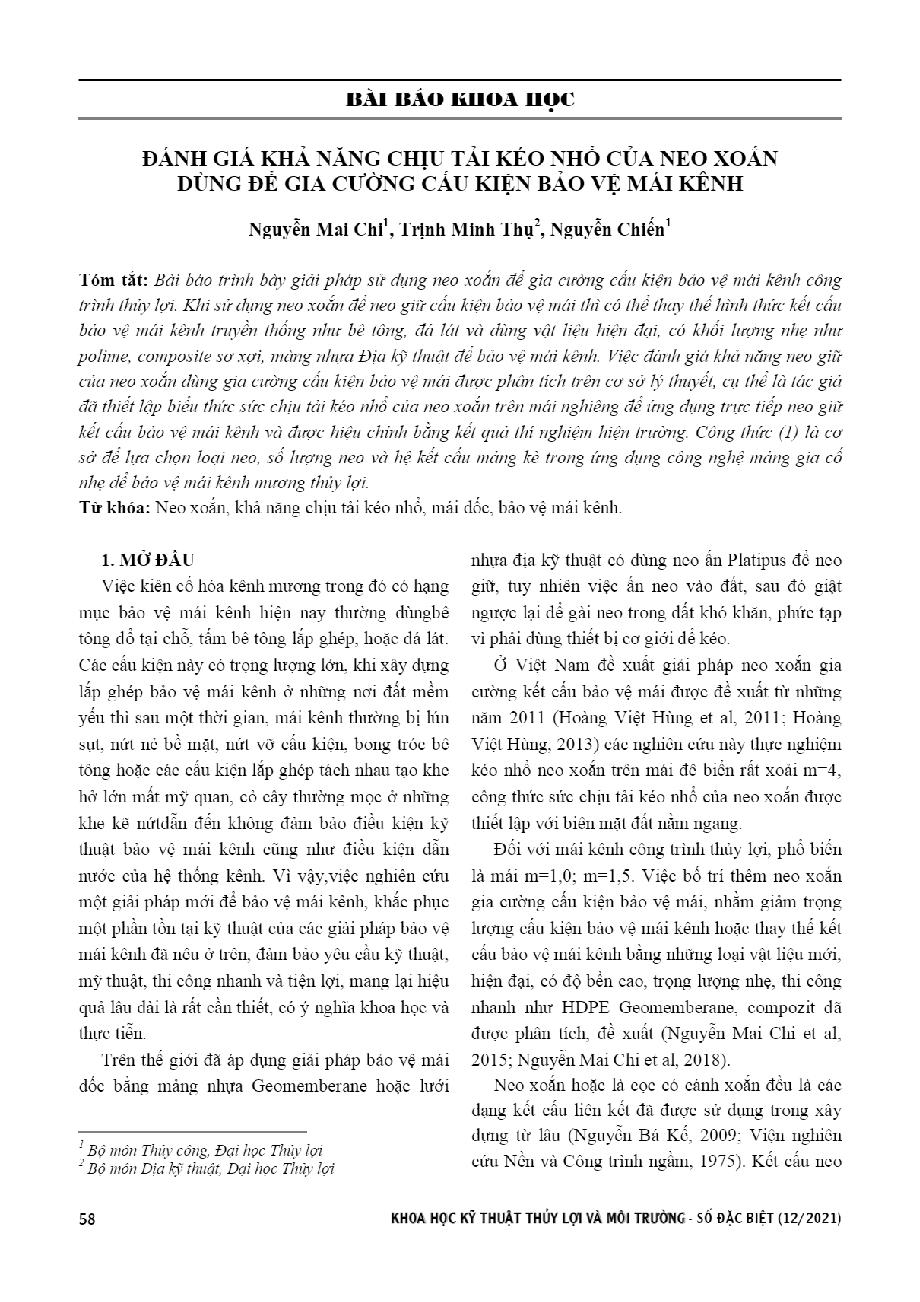Đánh giá khả năng chịu tải kéo nhổ của neo xoắn dùng để gia cường cấu kiện bảo vệ mái kênh = Ssessment of pulled-out bearing capacity of screw anchor for the use of canal slope protection