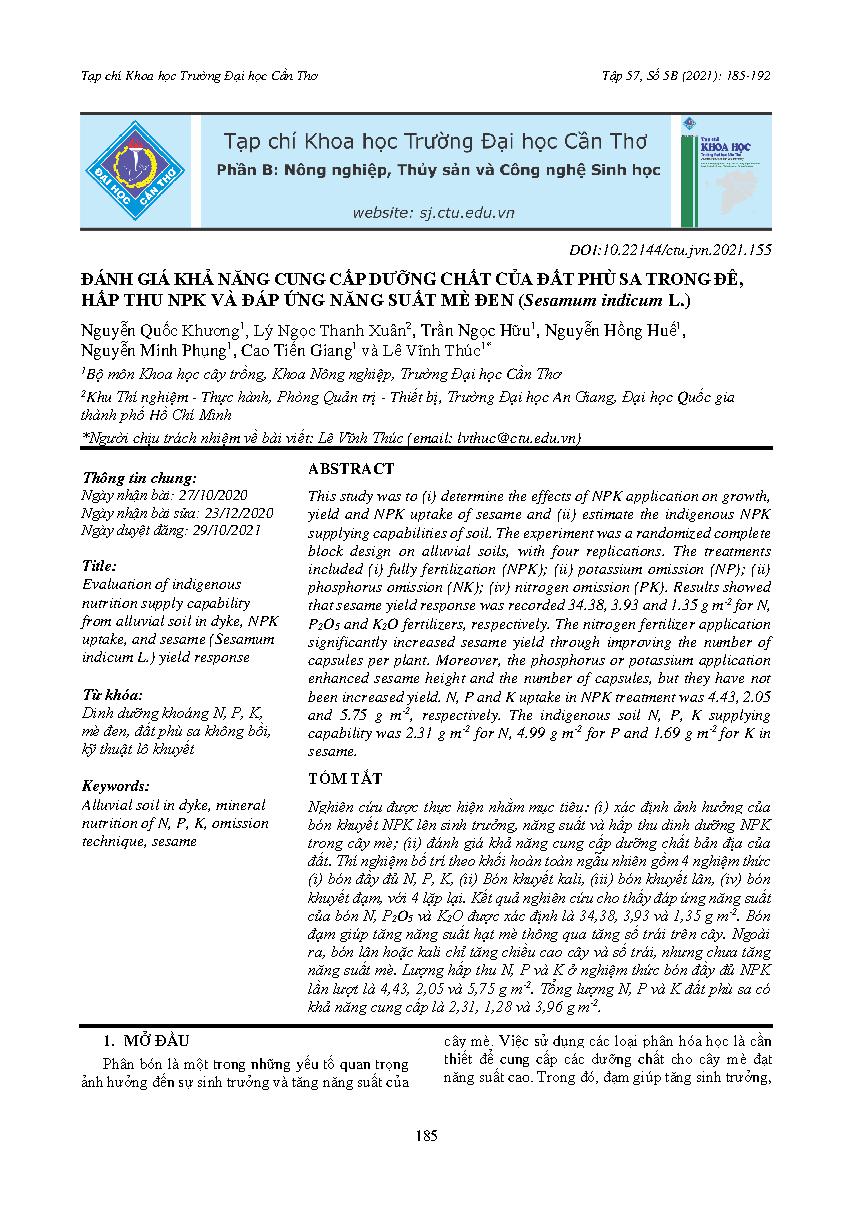 Đánh giá khả năng cung cấp dưỡng chất của đất phù sa trong đê, hấp thu NPK và đáp ứng năng suất mè đen (Sesamum indicum L.) = Evaluation of indigenous nutrition supply capability from alluvial soil in dyke, NPK uptake, and sesame (Sesamum indicum L.) yield response