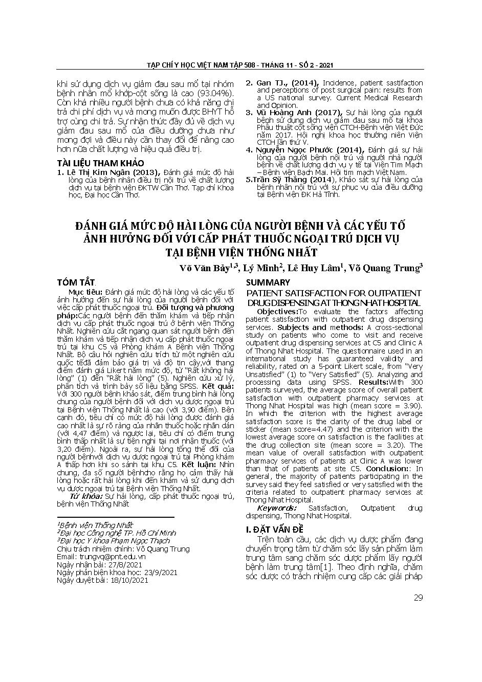Đánh giá mức độ hài lòng của người bệnh và các yếu tố ảnh hưởng đối với cấp phát thuốc ngoại trú dịch vụ tại Bệnh viện Thống Nhất = Patient satisfaction for outpatient drug dispensing at Thong Nhat hospital