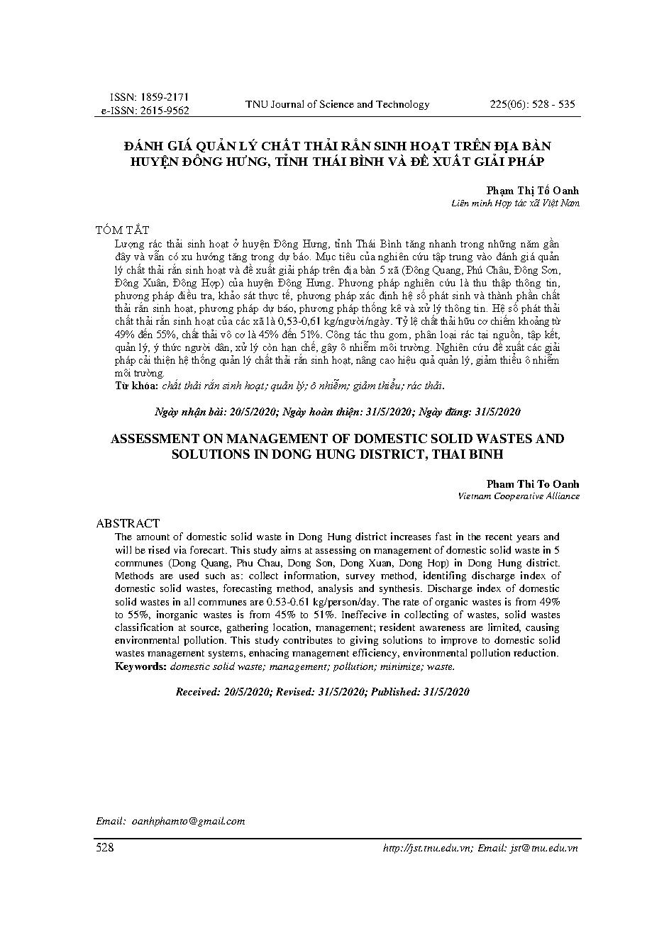 ĐÁNH GIÁ QUẢN LÝ CHẤT THẢI RẮN SINH HOẠT TRÊN ĐỊA BÀN HUYỆN ĐÔNG HƯNG, TỈNH THÁI BÌNH VÀ ĐỀ XUẤT GIẢI PHÁP = ASSESSMENT ON MANAGEMENT OF DOMESTIC SOLID WASTES AND SOLUTIONS IN DONG HUNG DISTRICT, THAI BINH