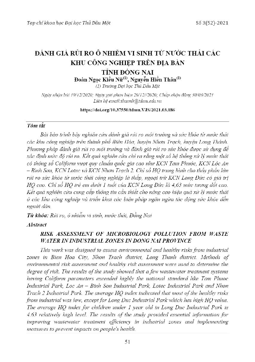 Đánh giá rủi ro ô nhiễm vi sinh từ nước thải các khu công nghiệp trên địa bàn tỉnh Đồng Nai = Risk assessment oe microbiology pollution from waste water in industrial zones in dong nai province