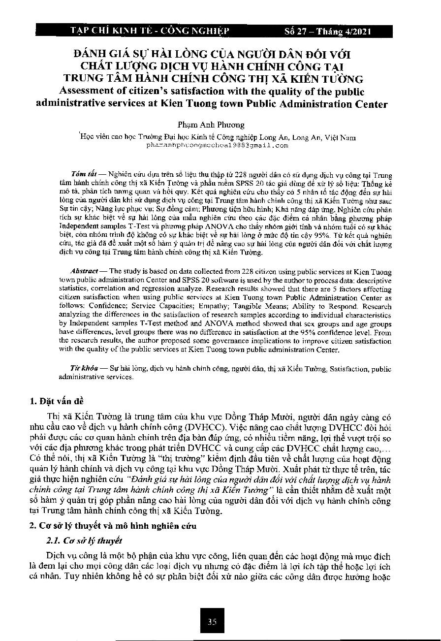 Đánh giá sự hài lòng của người dân đối với chất lượng dịch vụ hành chính công tại Trung tâm hành chính công thị xã Kiến Tường = Assessment of citizen’s satisfaction with the quality of the public administrative services at Kien Tuong town Public Administration Center