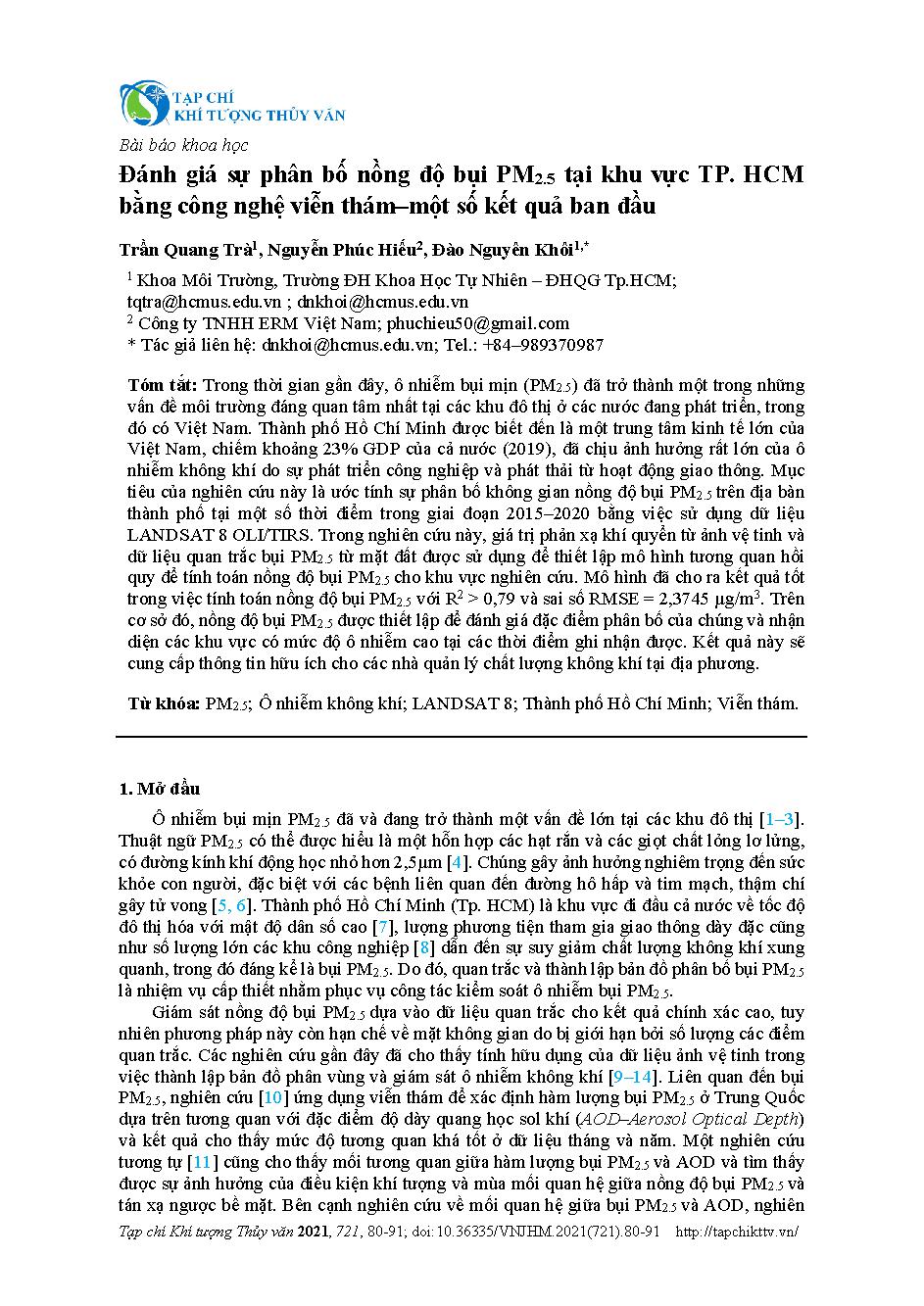Đánh giá sự phân bố nồng độ bụi PM2.5 tại khu vực TP. HCM bằng công nghệ viễn thám–một số kết quả ban đầu = Evaluating the distribution of PM2.5 in Ho Chi Minh City using remote sensing technology–some initial results