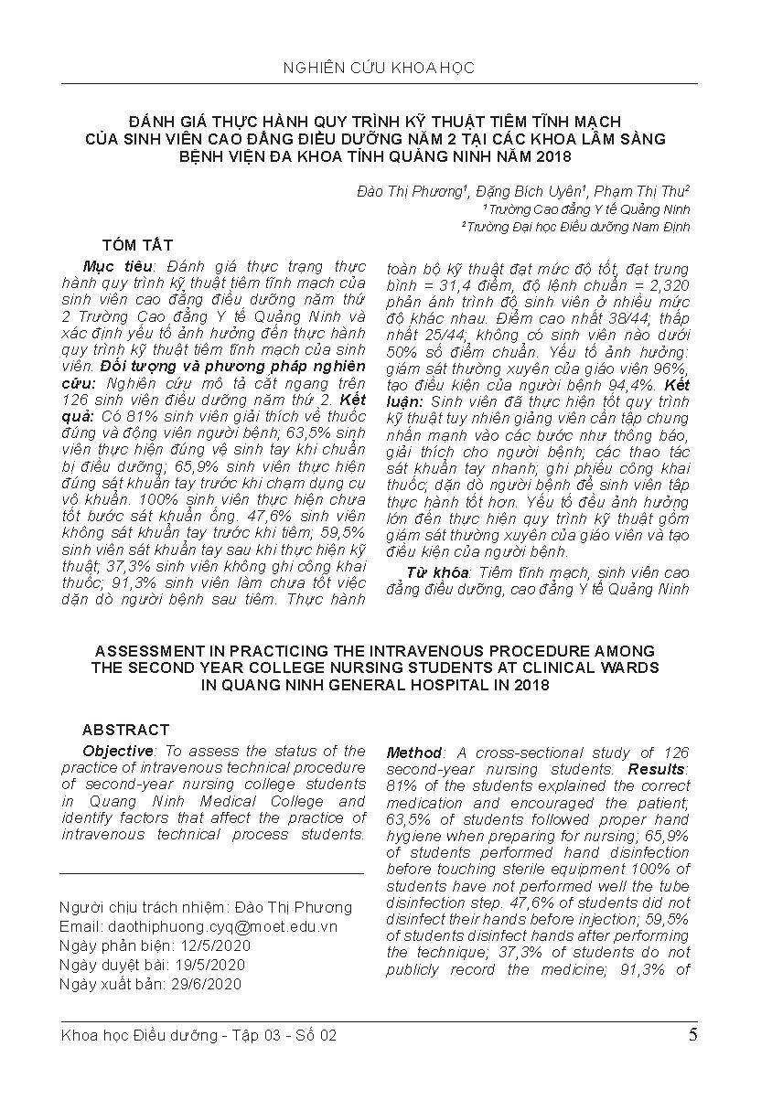 Đánh giá thực hành quy trình kỹ thuật tiêm tĩnh mạch của sinh viên cao đẳng điều dưỡng năm 2 tại các khoa lâm sàng bệnh viện đa khoa tỉnh Quảng Ninh năm 2018 = Assessment in practicing the intravenous procedure among the second year college nursing students at clinical wards in Quang Ninh general hospital in 2018