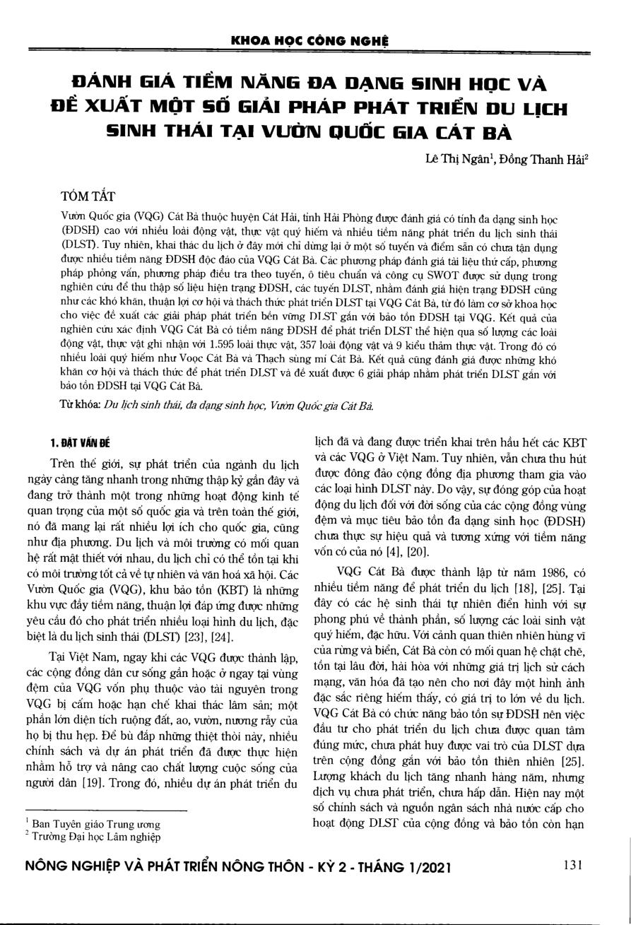 Đánh giá tiềm năng đa dạng sinh học và để xuất một số giải pháp phát triển du lịch sinh thái tại vườn quốc gia Cát Bà = Potential biodiversity assessment and proposing solutions for ecotourism development in cat ba national park