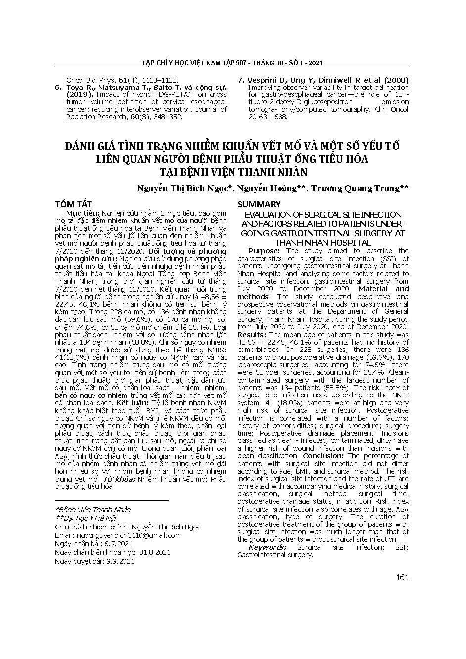 Đánh giá tình trạng nhiễm khuẩn vết mổ và một số yếu tố liên quan người bệnh phẫu thuật ống tiêu hóa tại Bệnh viện Thanh Nhàn = Evaluation of surgical site infection and factors related to patients under-going gastrointestinal surgery at Thanh Nhan hospital