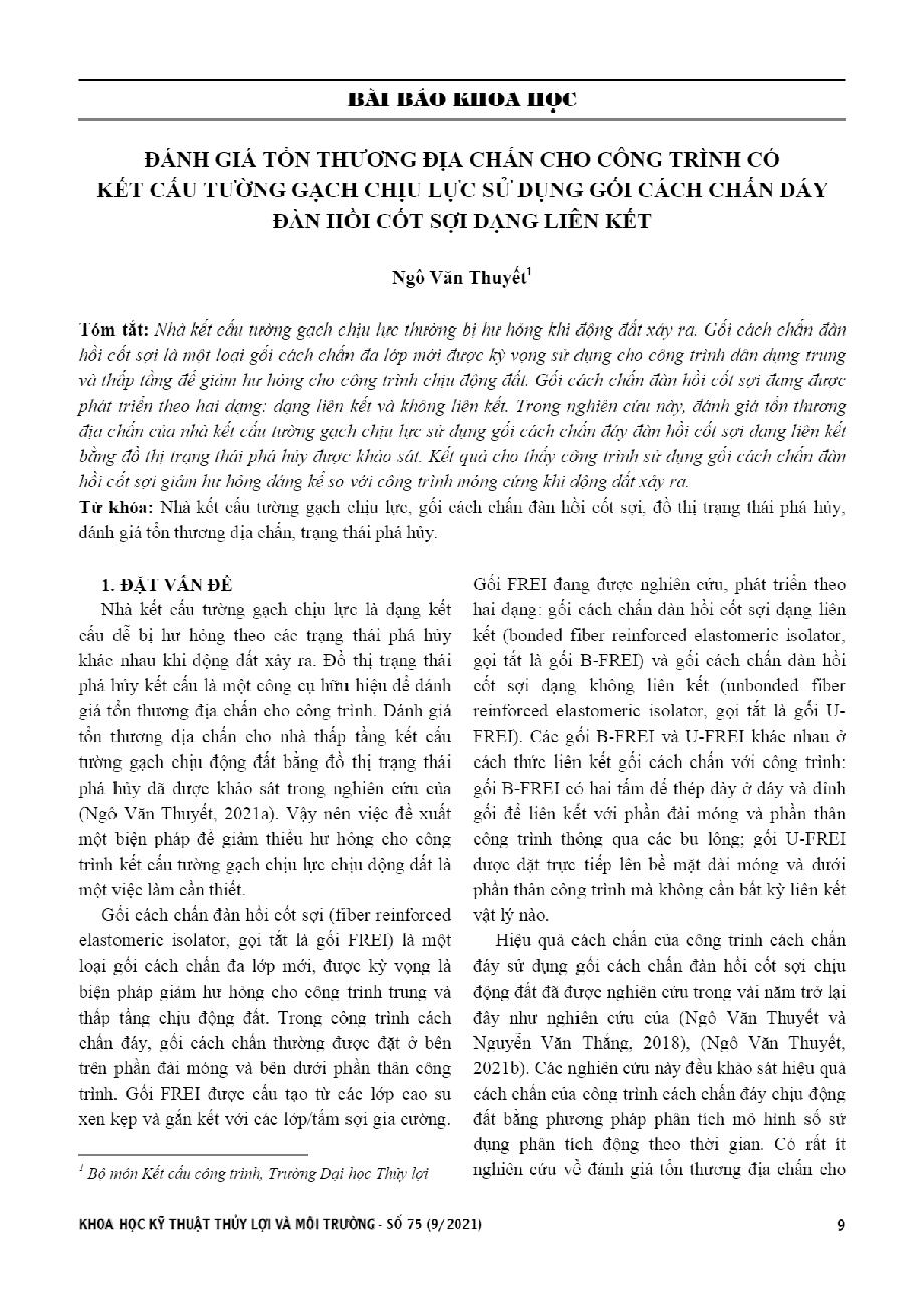 Đánh giá tổn thương địa chấn cho công trình có kết cấu tường gạch chịu lực sử dụng gối cách chấn đáy đàn hồi cốt sợi dạng liên kết = Seismic vulnerability assessment of a base-isolated masonry Building using bonded fiber reinforced elastomeric isolators