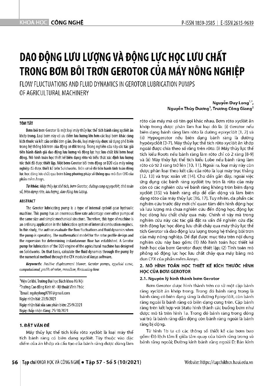 Dao động lưu lượng và động lực học lưu chất trong bơm bôi trơn gerotor của máy nông nghiệp = Flow fluctuations and fluid dynamics in gerotor lubrication pumps of agricultural machinery