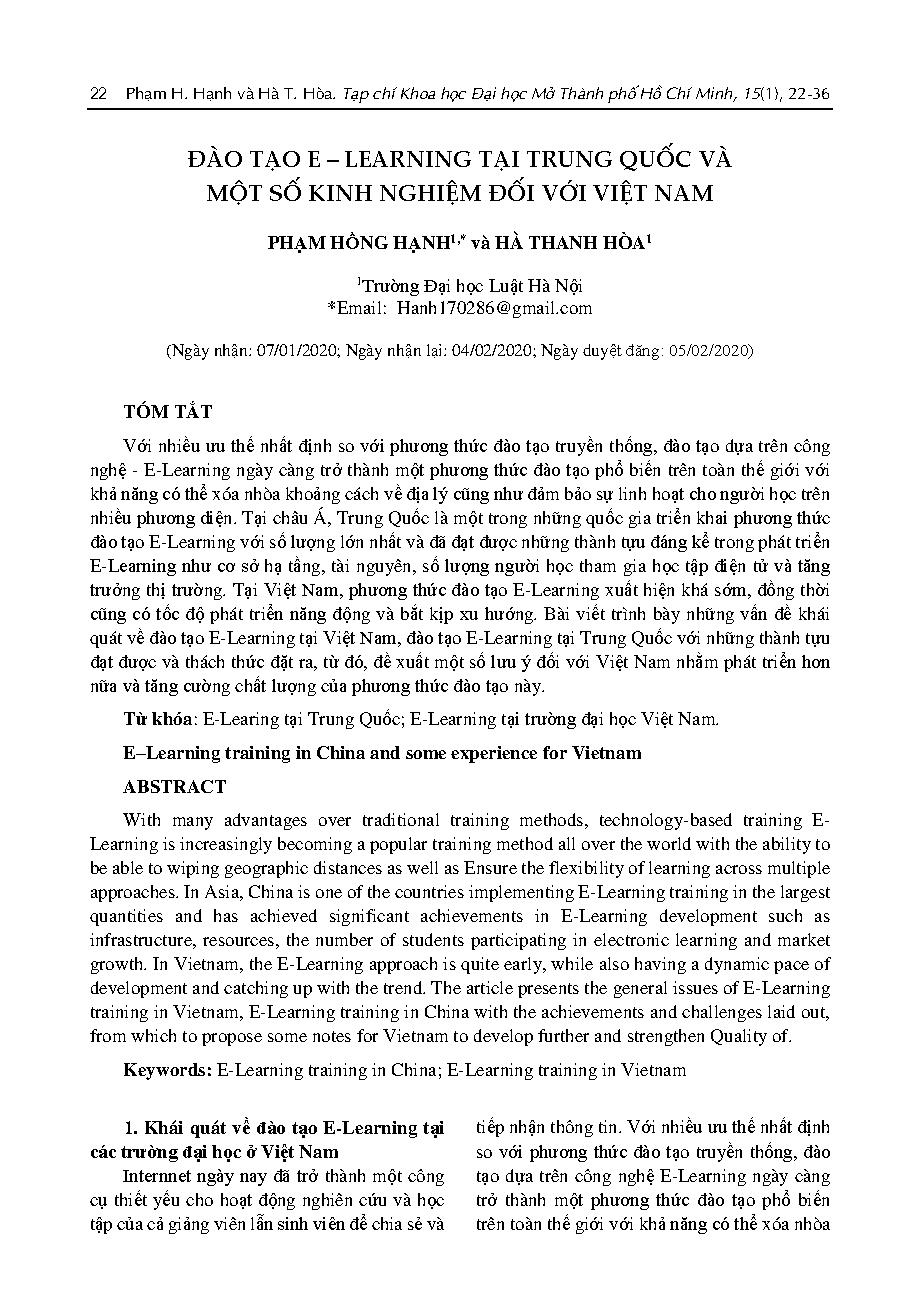 Đào tạo e – learning tại Trung Quốc và một số kinh nghiệm đối với Việt Nam = E–Learning training in China and some experience for Vietnam