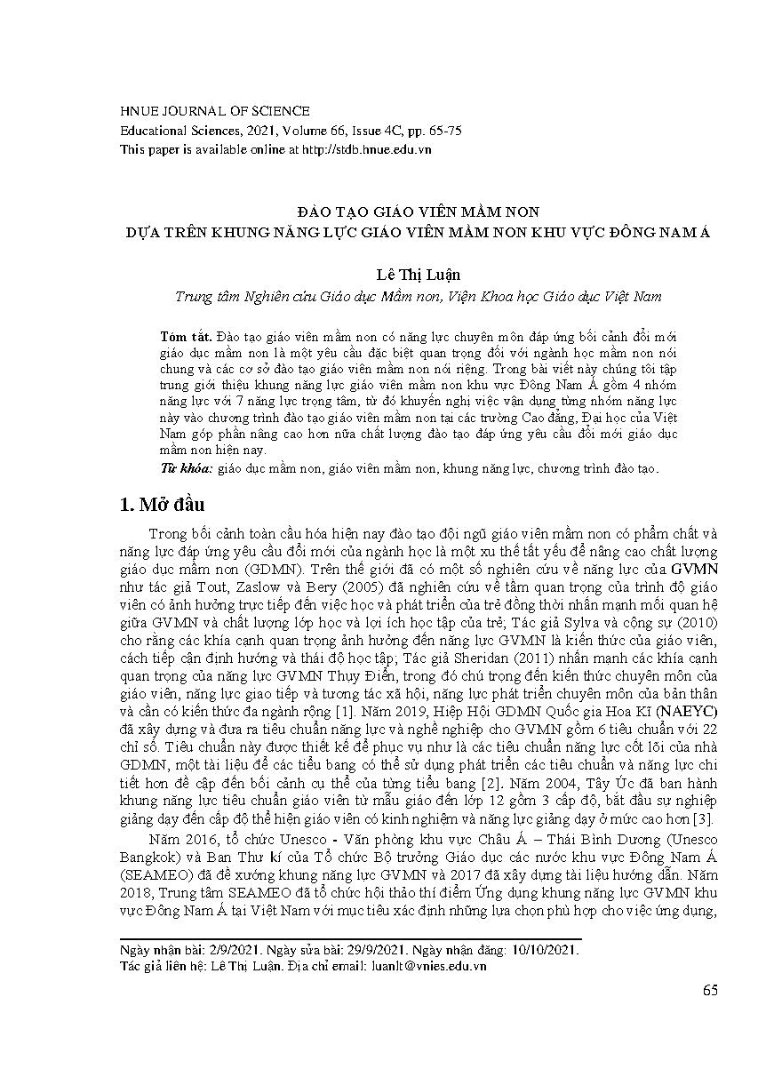 Đào tạo giáo viên mầm non dựa trên khung năng lực giáo viên mầm non khu vực Đông Nam á = Preschool teacher training based on the Southeast Asian Preschool Teacher Competency Framework