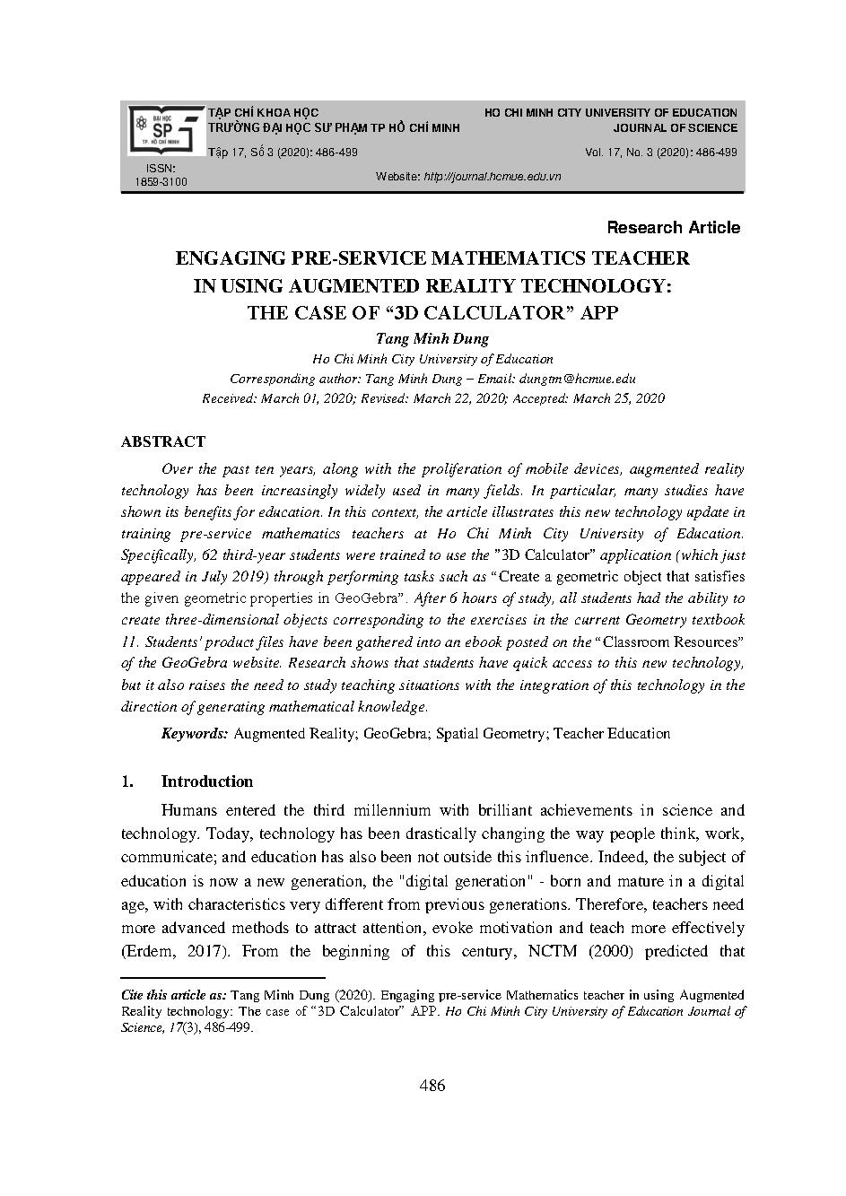 ĐÀO TẠO SINH VIÊN SƯ PHẠM TOÁN SỬ DỤNG CÔNG NGHỆ THỰC TẠI ẢO TĂNG CƯỜNG: TRƯỜNG HỢP ỨNG DỤNG “3D CALCULATOR” = ENGAGING PRE-SERVICE MATHEMATICS TEACHER IN USING AUGMENTED REALITY TECHNOLOGY: THE CASE OF “3D CALCULATOR” APP Tang Minh Dung