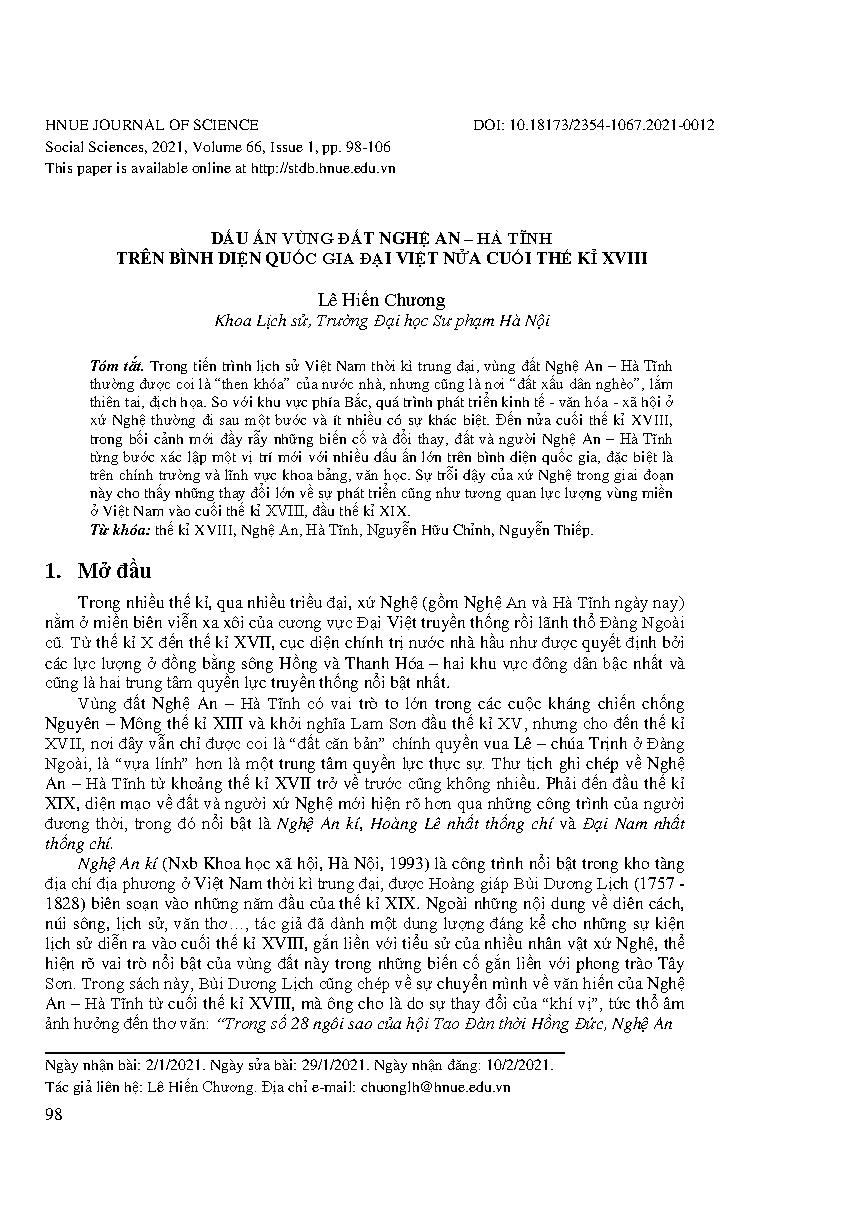 Dấu ấn vùng đất Nghệ An – Hà tĩnh trên bình diện quốc gia Đại Việt nửa cuối thế kỉ xviii = Nghe An – Ha Tinh area’s marks in national sphere of Dai Viet in the second half of the 18th century