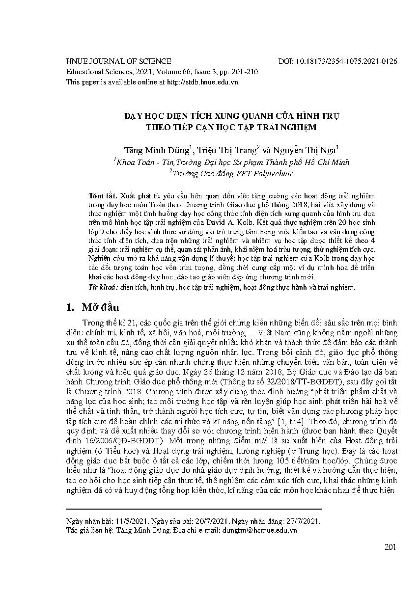 Dạy học diện tích xung quanh của hình trụ theo tiếp cận học tập trải nghiệm = Teaching the surrounding area of the cylinder following an experiential learning approach