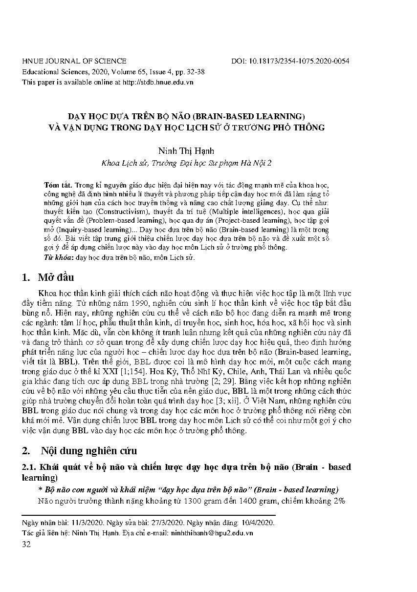 Dạy học dựa trên bộ não (Brain-based Learning) và vận dụng trong dạy học lịch sử ở trường phổ thông = Applying the principles of Brain – based learning in History teaching in high school