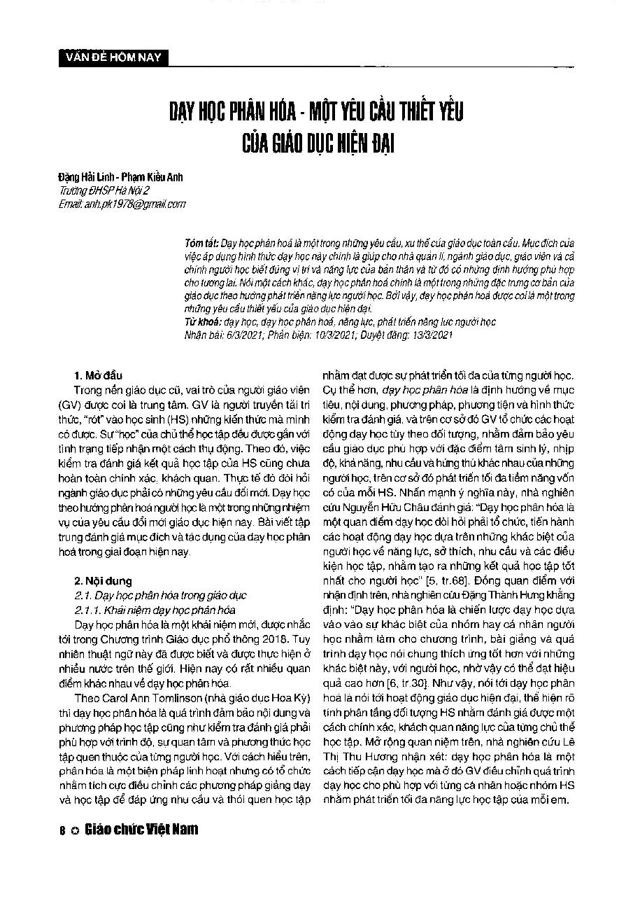 Dạy học phân hóa - Một yêu cầu thiết yếu của giáo dục hiện đại = Differentiated teaching - An essential requirement of modern education
