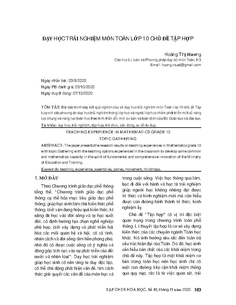 Dạy học trải nghiệm môn toán lớp 10 chủ đề tập hợp = Teaching experience in mathematics grade 10 topic gathering