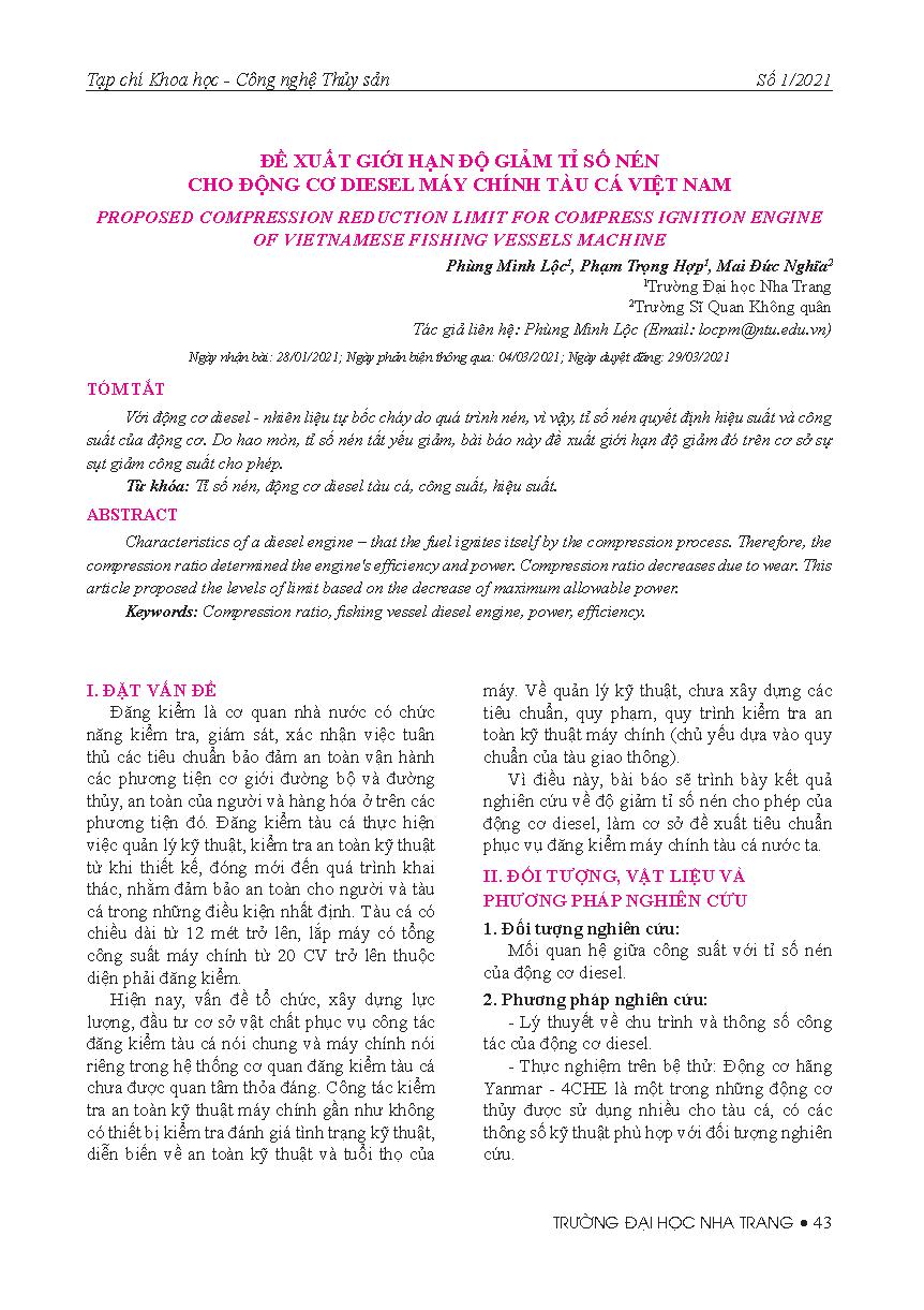 Đề xuất giới hạn độ giảm tỉ số nén cho động cơ diesel máy chính tàu cá Việt Nam = Proposed compression reduction limit for compress ignition engine of vietnamese fishing vessels machine