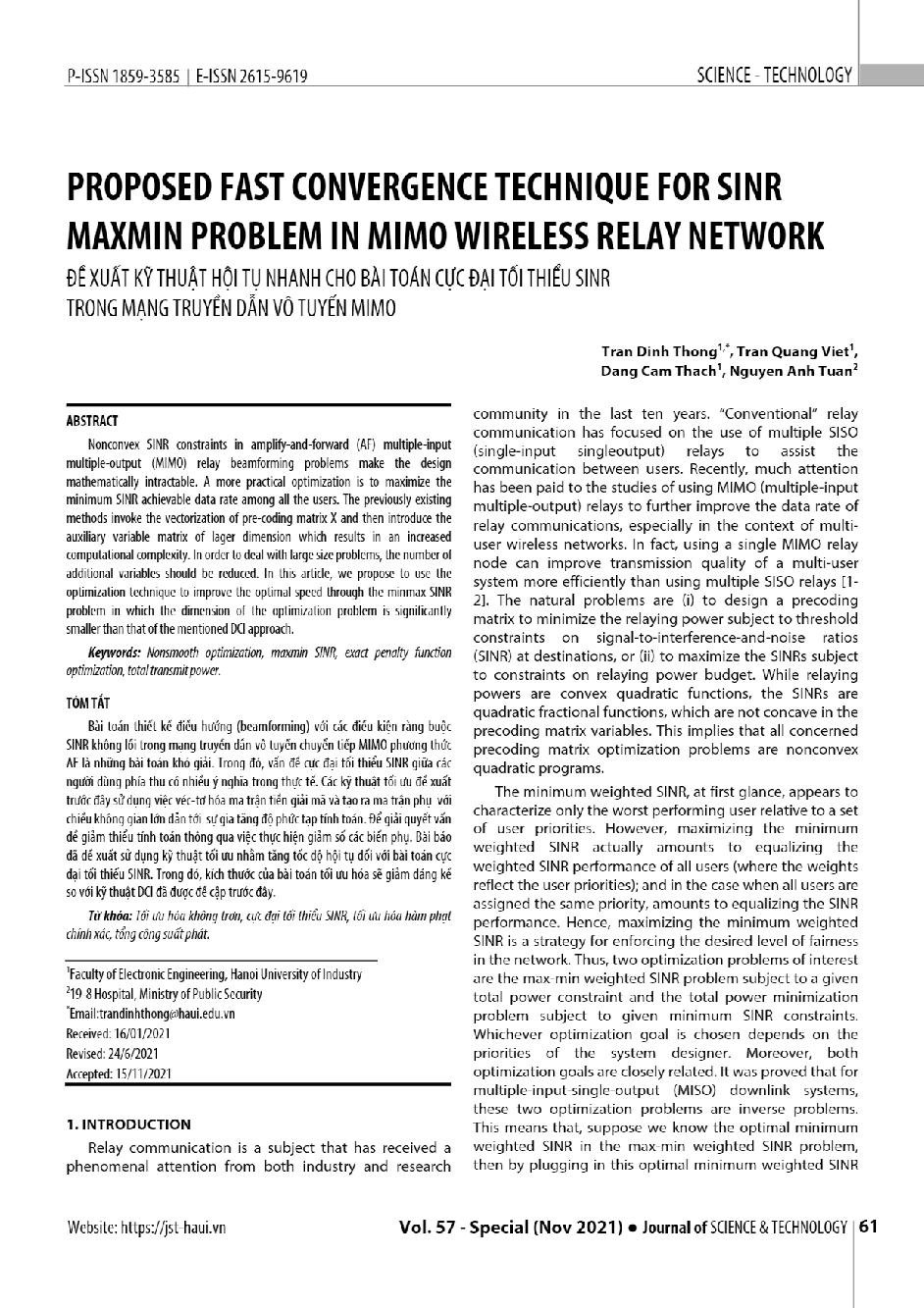 Đề xuất kỹ thuật hội tụ nhanh cho bài toán cực đại tối thiểu SINR trong mạng truyền dẫn vô tuyến MIMO = Proposed fast convergence technique for SINR maxmin problem in MIMO wireless relay network