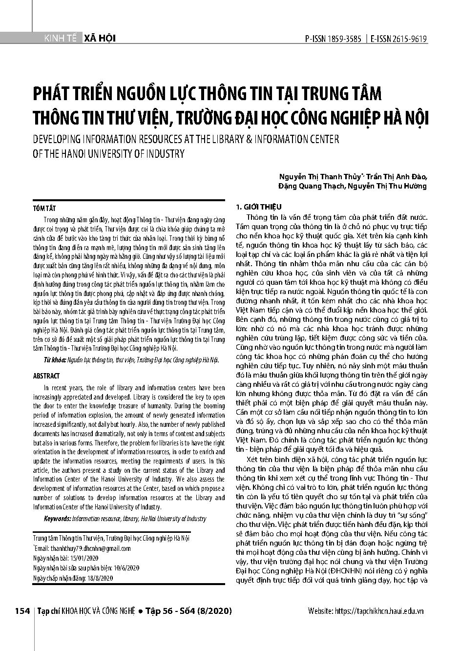 DEVELOPING INFORMATION RESOURCES AT THE LIBRARY & INFORMATION CENTER OF THE HANOI UNIVERSITY OF INDUSTRY = PHÁT TRIỂN NGUỒN LỰC THÔNG TIN TẠI TRUNG TÂM THÔNG TIN THƯ VIỆN, TRƯỜNG ĐẠI HỌC CÔNG NGHIỆP HÀ NỘI