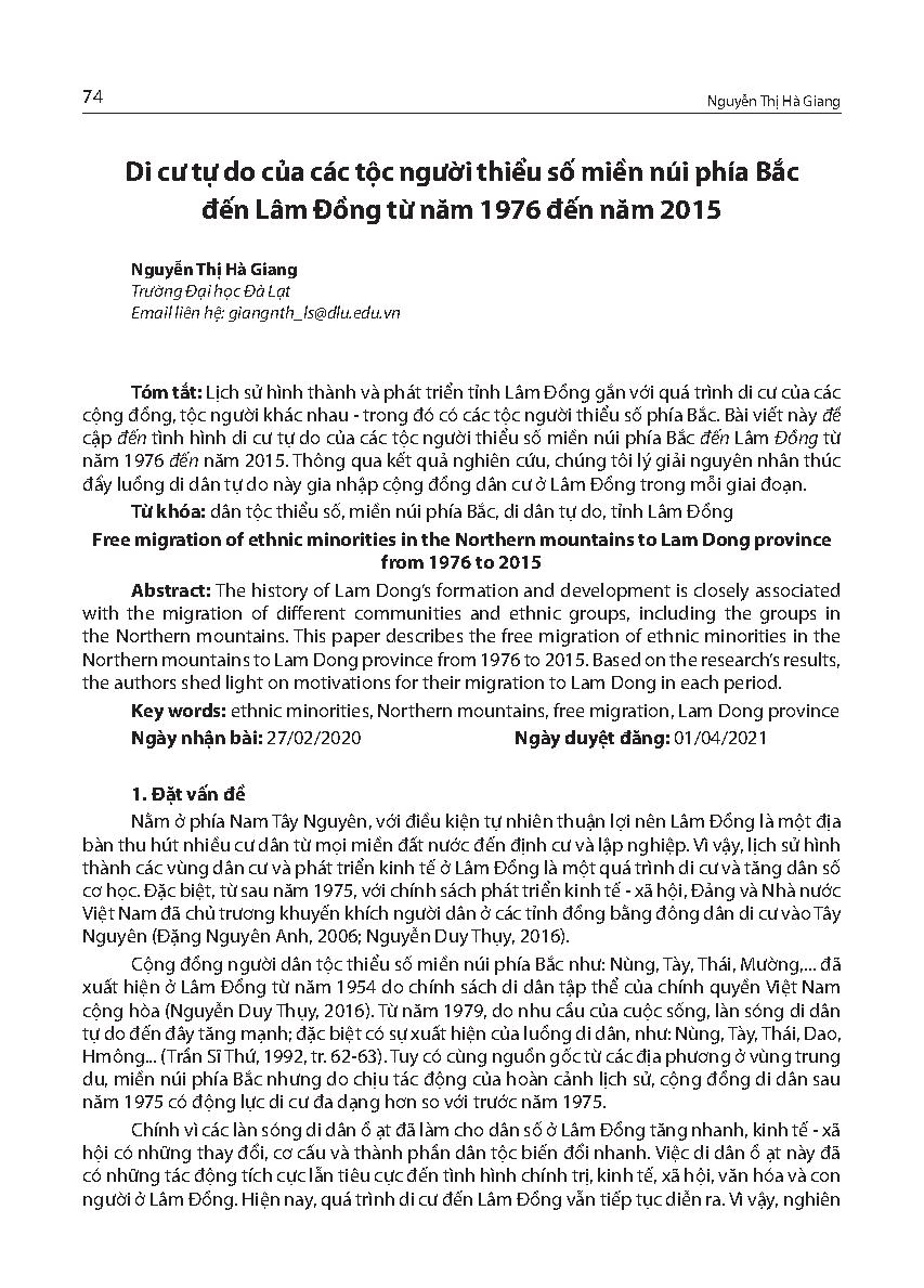 Di cư tự do của các tộc người thiểu số miền núi phía Bắc đến Lâm Đồng từ năm 1976 đến năm 2015 = Free migration of ethnic minorities in the Northern mountains to Lam Dong province from 1976 to 2015