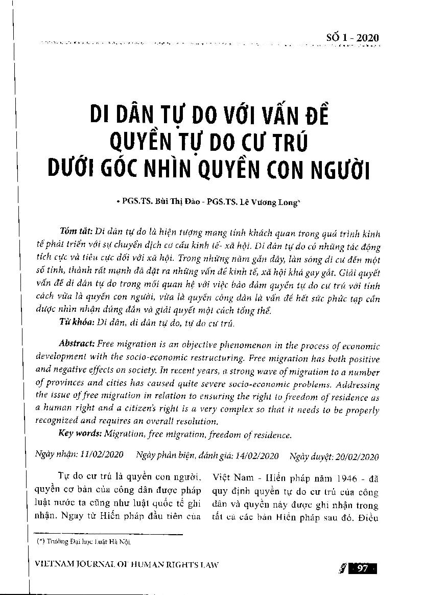 Di dân tự do với vấn đế quyền tự do cư trú dưới góc nhìn quyển con người = Free migration with the issue of freedom of residence from the perspective of the human book
