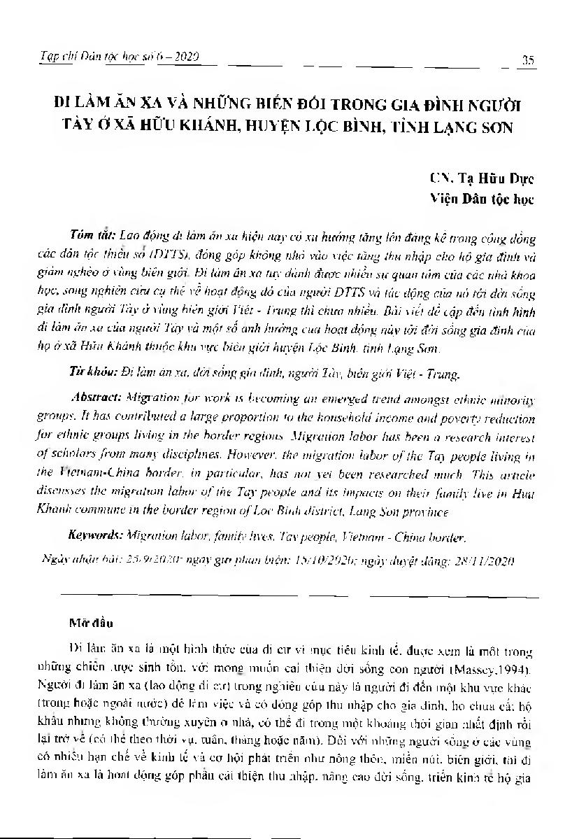 Đi làm ăn xa và những biến đổi trong gia đình người Tày ở xã Hữu Khánh, huyện Lộc Bình, tinh Lạng Sơn = Migration labor and the family changes of the Tay people in Huu Khanh commune, Loc Binh district, Lang Son province