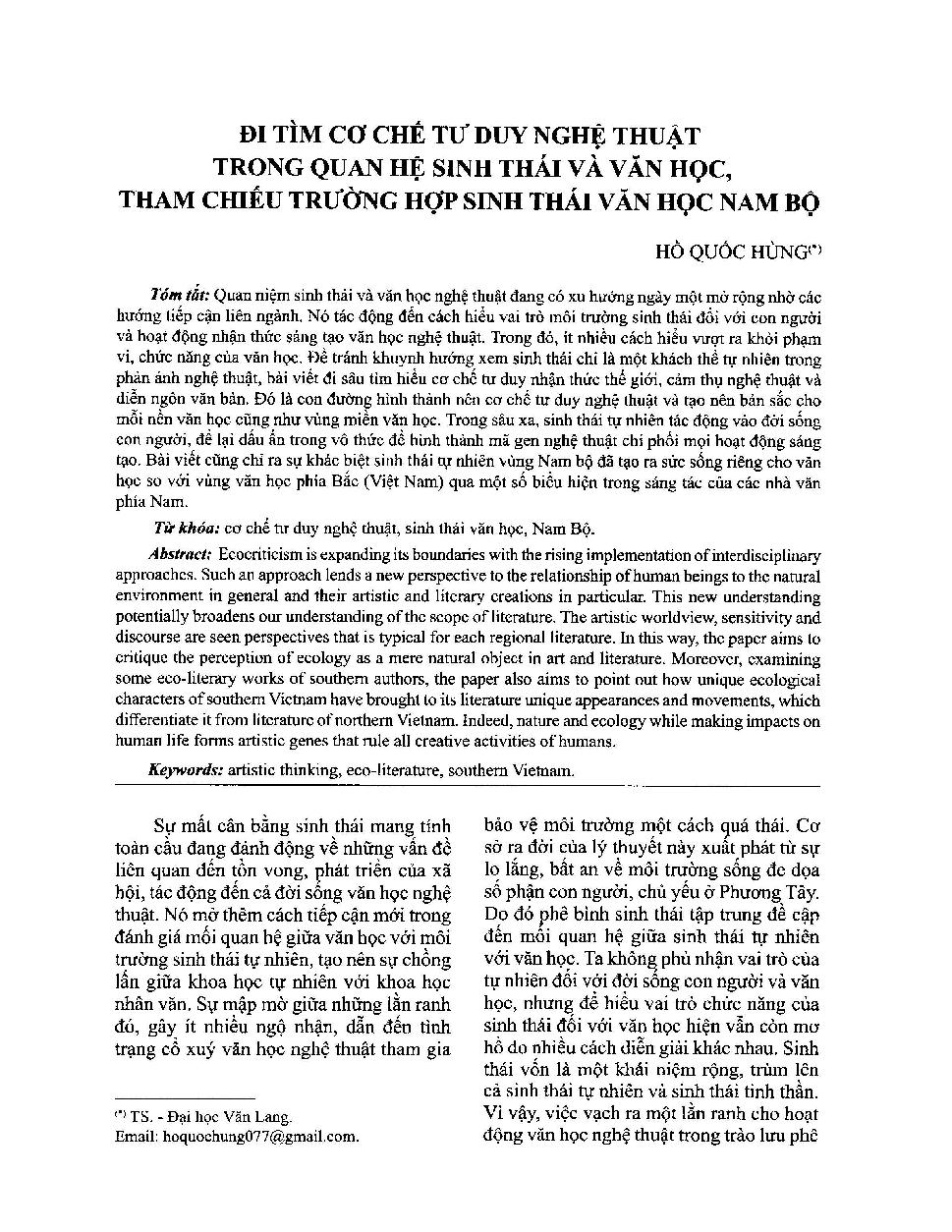 Đi tìm cơ chế tư duy nghệ thuật trong quan hệ sinh thái và văn học - tham chiếu trường hợp sinh thái văn học Nam Bộ = Structure of artistic thinking in the relationship between ecology and literature: Case of Southern Vietnamese eco-literature