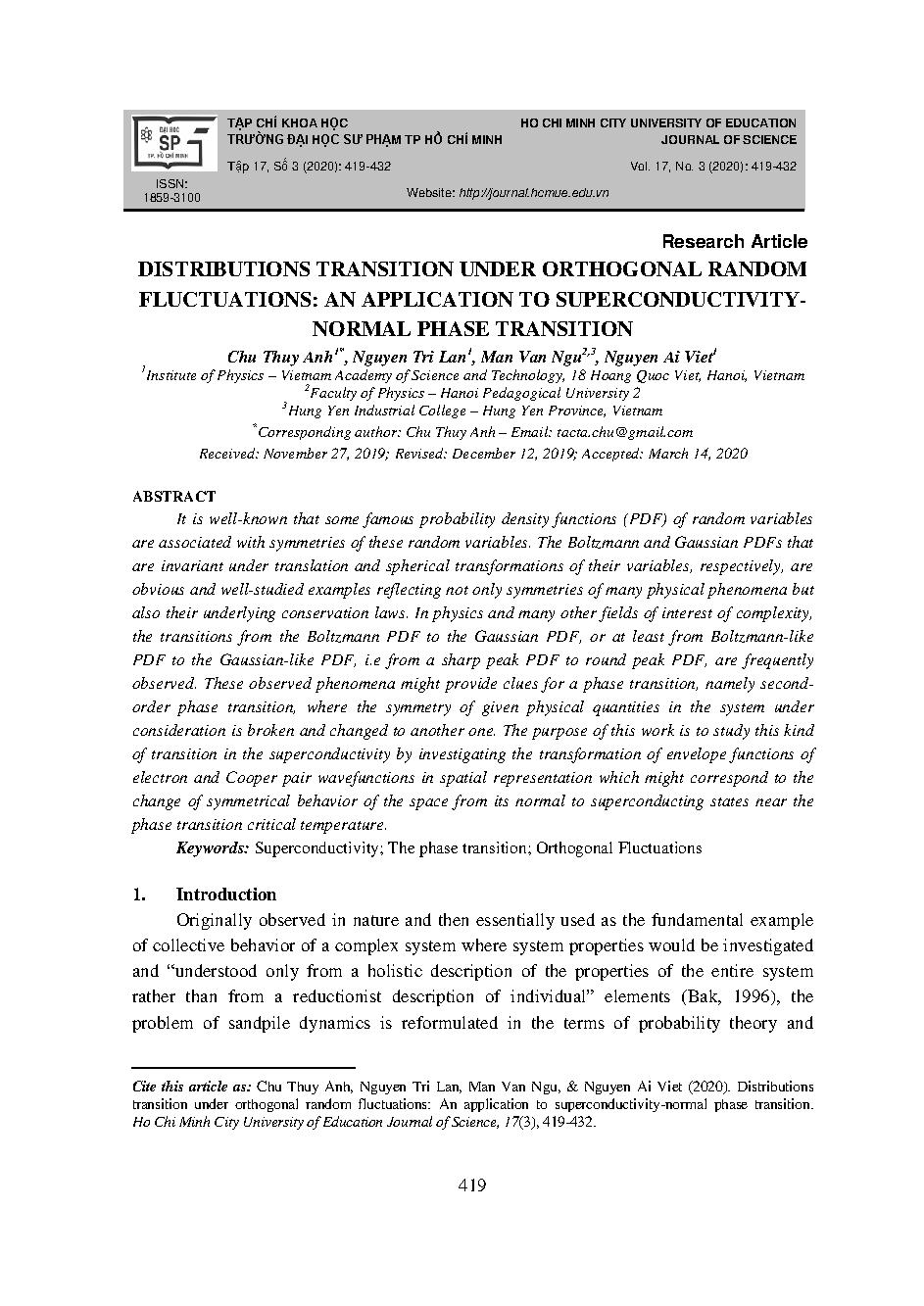 Dịch chuyển phân bố dưới tác động của các thăng giáng ngẫu nhiên vuông góc: Ứng dụng cho chuyển pha siêu dẫn - kim loại. = Distributions transition under orthogonal random fluctuations: An application to superconductivity-normal phase transition