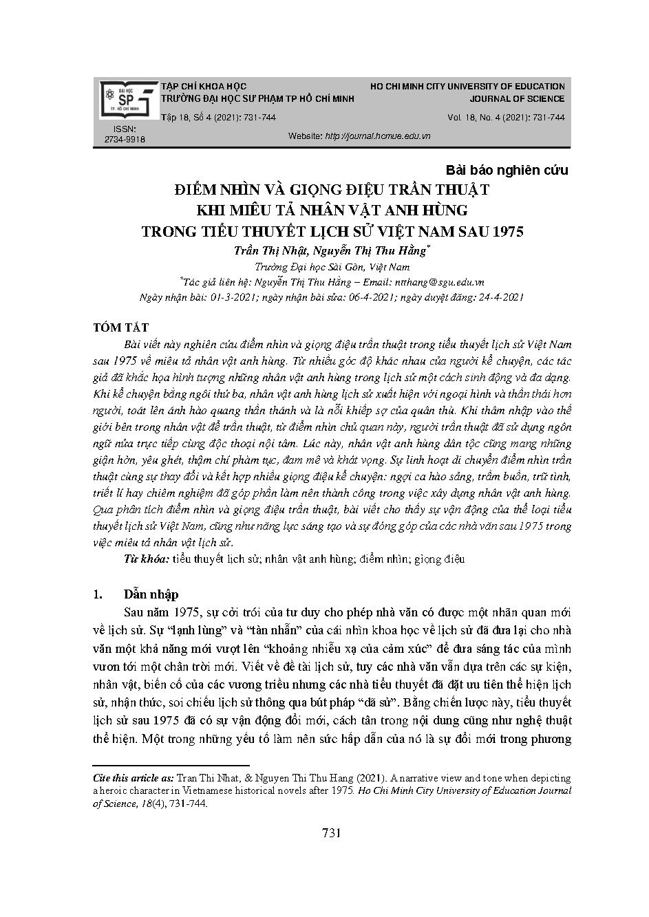 Điểm nhìn và giọng điệu trần thuật khi miêu tả nhân vật anh hùng trong tiểu thuyết lịch sử việt nam sau 1975 = A narrative view and tone when depicting a heroic character in vietnamese historical novels after 1975
