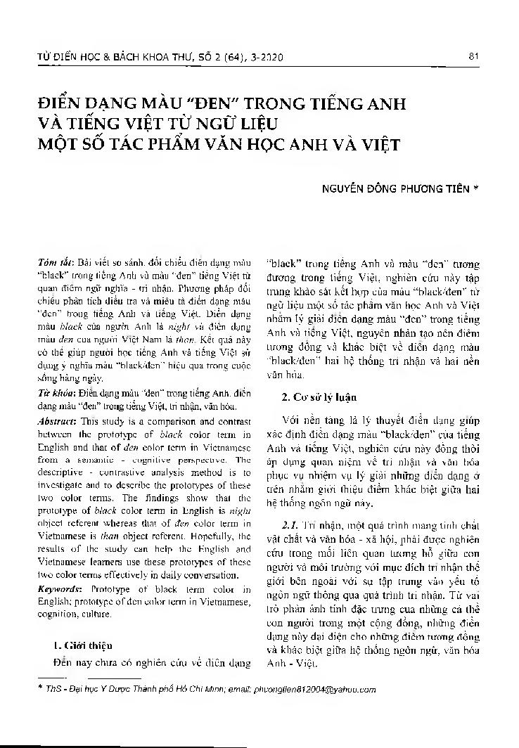 Điển dạng màu "đen" trong tiếng Anh và tiếng Việt từ ngữ liệu một số tác phẩm văn học Anh và Việt = Prototype of black color term in English and prototype of đen color term in Vietnamese from literary works