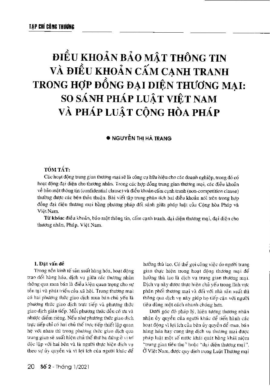 Điều khoản bảo mật thông tin và điều khoản cấm cạnh tranh trong hợp đồng đại diện thương mại: So sánh pháp luật Việt Nam và pháp luật Cộng hòa Pháp = Confidential term and non-competition term in commercial representation contracts: Comparing Vietnam's laws to France's laws