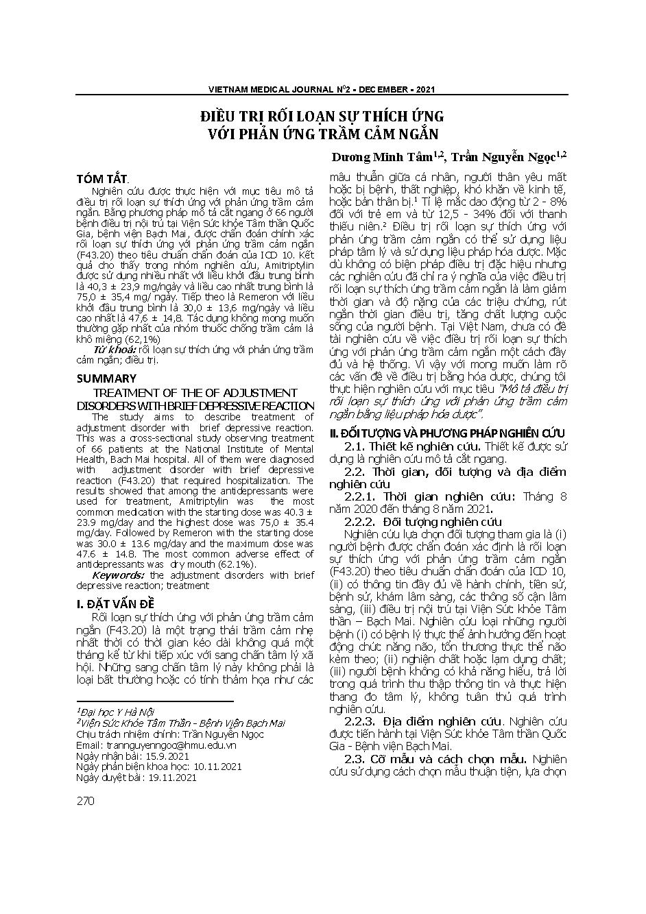 Điều trị rối loạn sự thích ứng với phản ứng trầm cảm ngắn = Treatment of the of adjustment disorders with brief depressive reaction