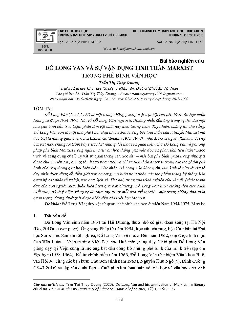 Đỗ Long Vân và sự vận dụng tinh thần Marxist trong phê bình văn học = Do Long Van and his application of Marxism in literary criticism