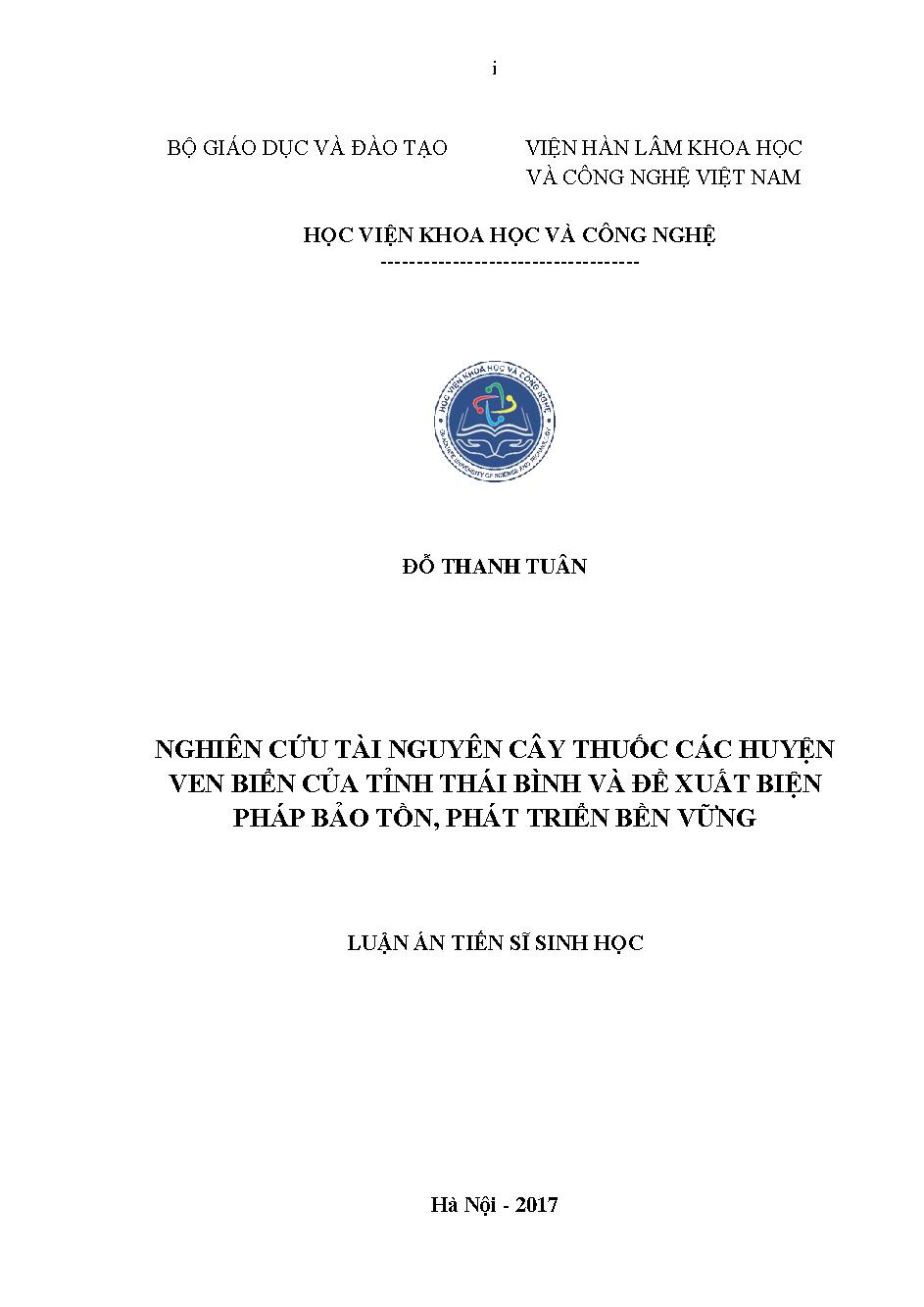 Nghiên cứu tài nguyên cây thuốc các huyện ven biển của tỉnh Thái Bình và đề xuất biện pháp bảo tồn, phát triển bền vững