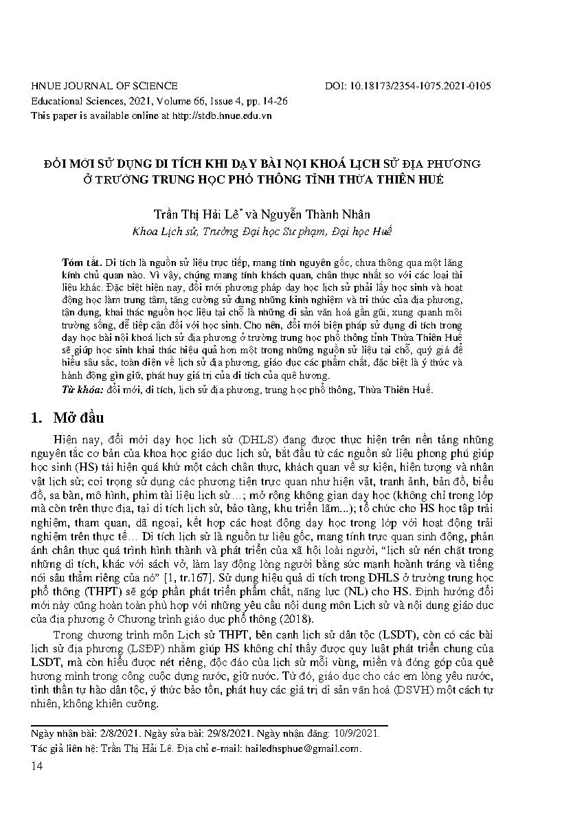 Đổi mới sử dụng di tích khi dạy bài nội khoá lịch sử địa phương ở trường trung học phổ thông tỉnh Thừa Thiên Huế = Innovative use of relics when teaching local History lessons at high schools in Thua Thien Hue province
