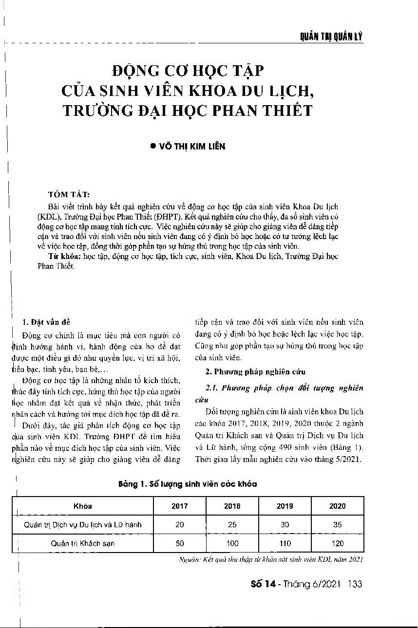 Động cơ học tập của sinh viên Khoa Du lịch, Trường Đại học Phan Thiết = Learning motivation of students in the Faculty of Tourism, Phan Thiet University