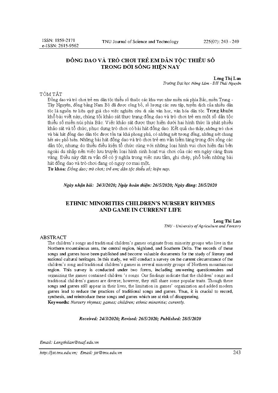 Đồng dao và trò chơi trẻ em dân tộc thiểu số trong đời sống hiện nay = Ethnic minorities children's nursery rhymes and game in current life