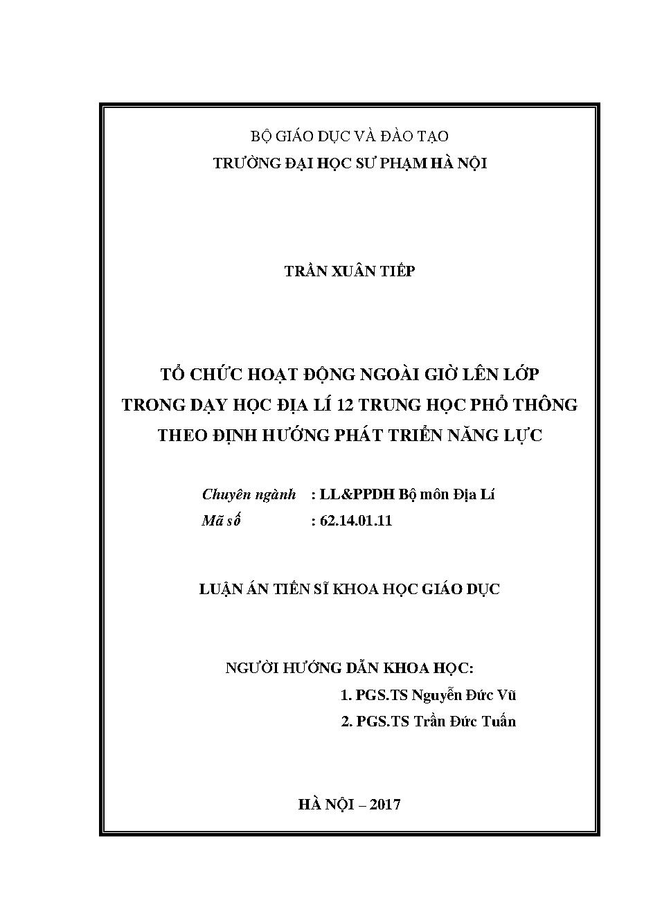 Tổ chức hoạt động ngoài giờ lên lớp trong dạy học Địa lý 12 trung học phổ thông theo định hướng phát triển năng lực