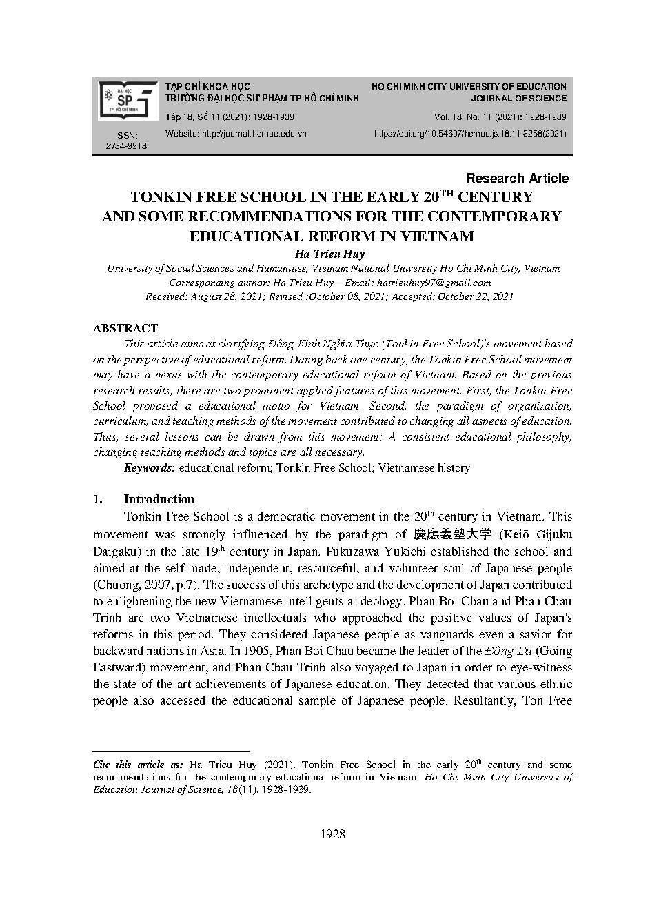 Đông Kinh Nghĩa Thục đầu thế kỉ xx và một số gợi mở cho cải cách giáo dục hiện đại ở Việt Nam = Tonkin free school in the early 20th century and some recommendations for the contemporary educational reform in vietnam