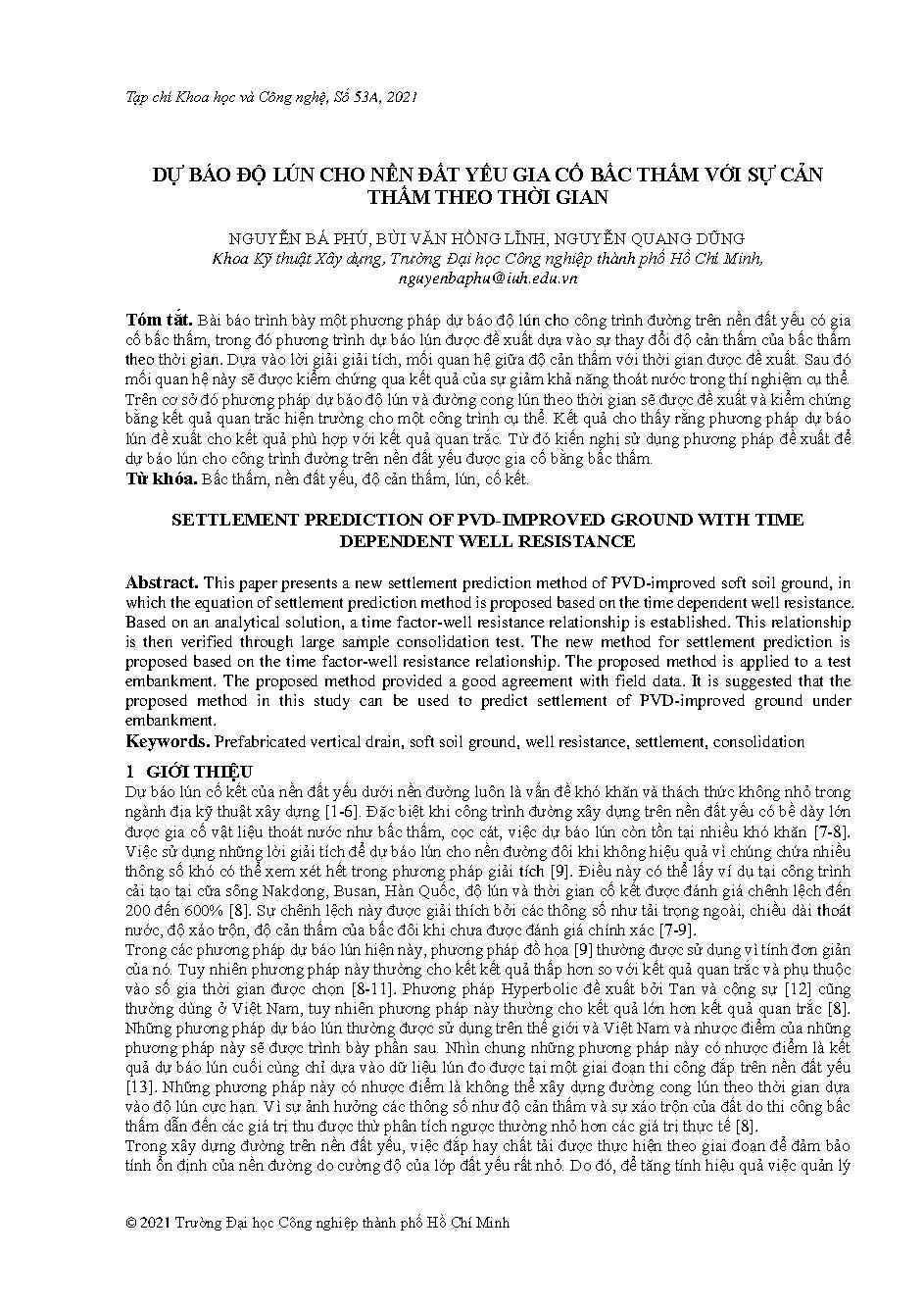 Dự báo độ lún cho nền đất yếu gia cố bấc thấm với sự cản thấm theo thời gian = Settlement predictionof pvd-improved ground with time dependent well resistance