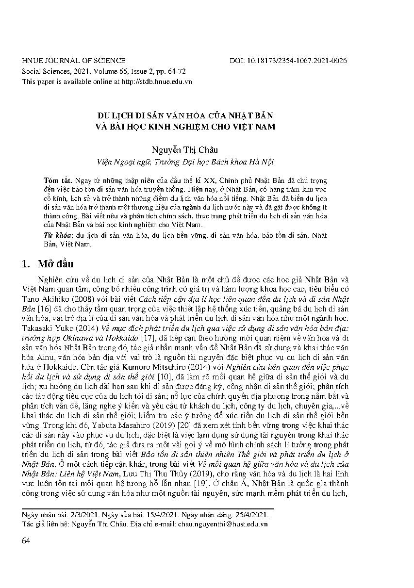 Du lịch di sản văn hóa của Nhật Bản và bài học kinh nghiệm cho Việt Nam = Japanese cultural heritage travel and learning experience for Vietnam