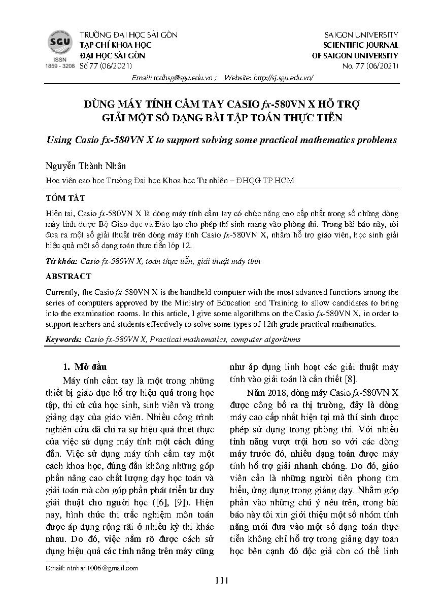 Dùng máy tính cầm tay Casio fx – 580VN X hỗ trợ giải một số dạng bài tập toán thực tiễn = Using Casio fx-580VN X to support solving some practical mathematics problems